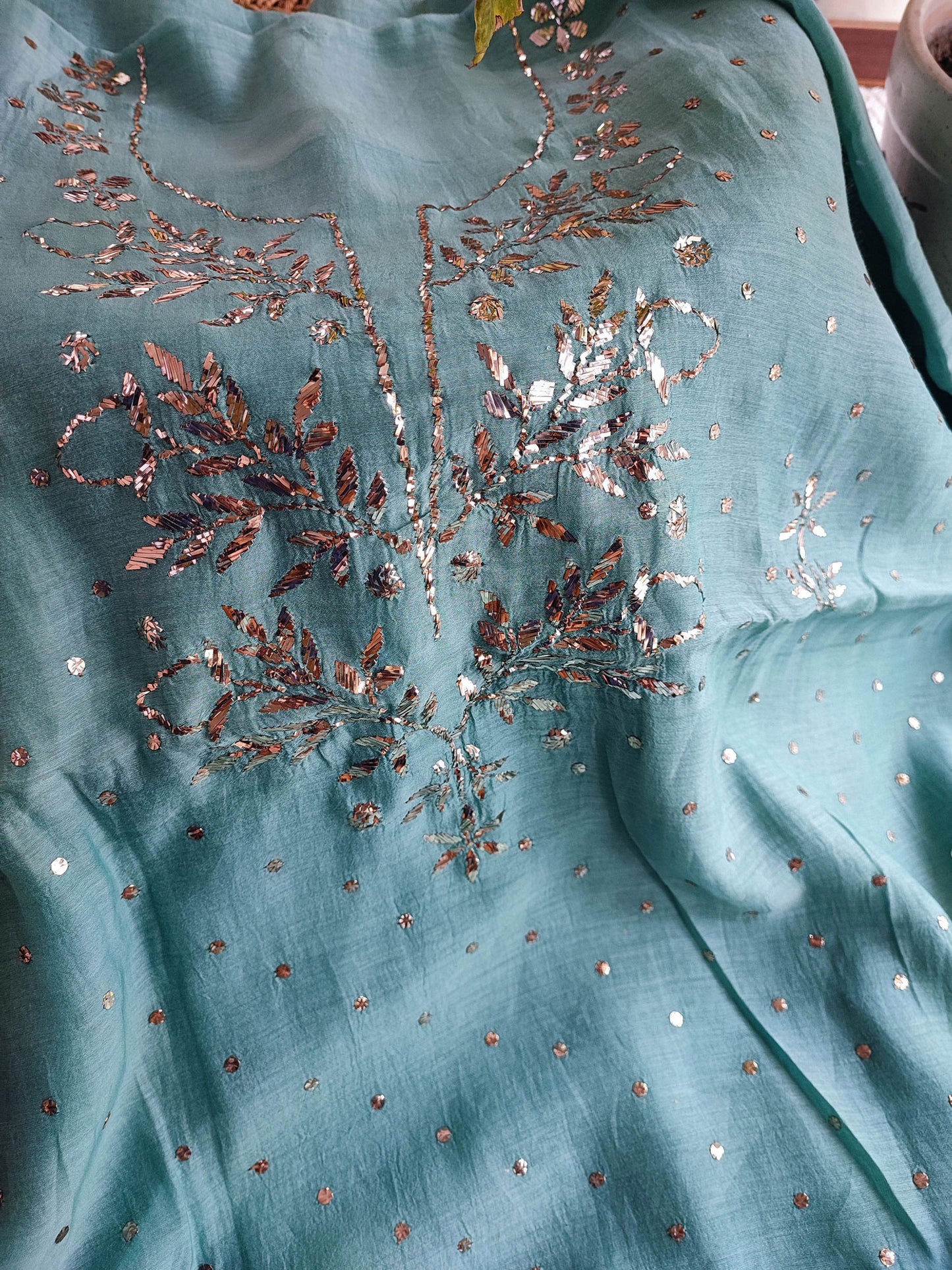 Firozi Mul Chanderi Kurta Dupatta Set with Luxury Mukaish Kamdani Work