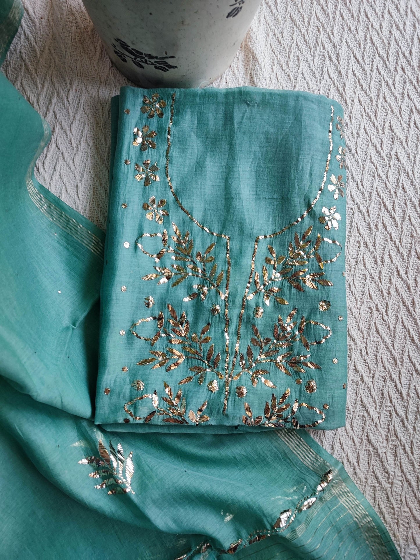 Firozi Mul Chanderi Kurta Dupatta Set with Luxury Mukaish Kamdani Work