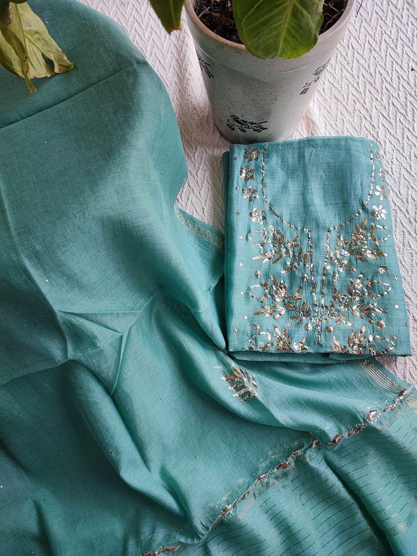 Firozi Mul Chanderi Kurta Dupatta Set with Luxury Mukaish Kamdani Work