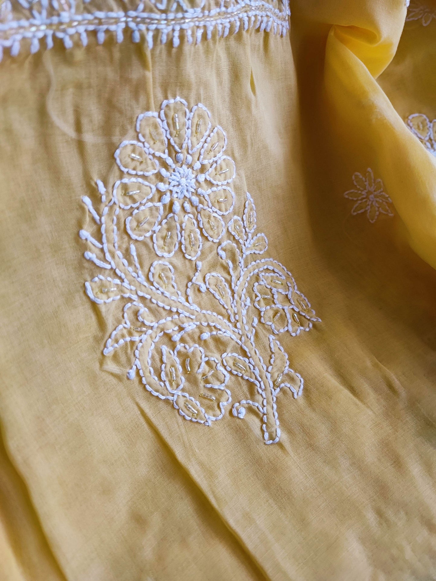Pastel Yellow Muslin A-Line Kurta Fabric with Lucknowi Embroidery