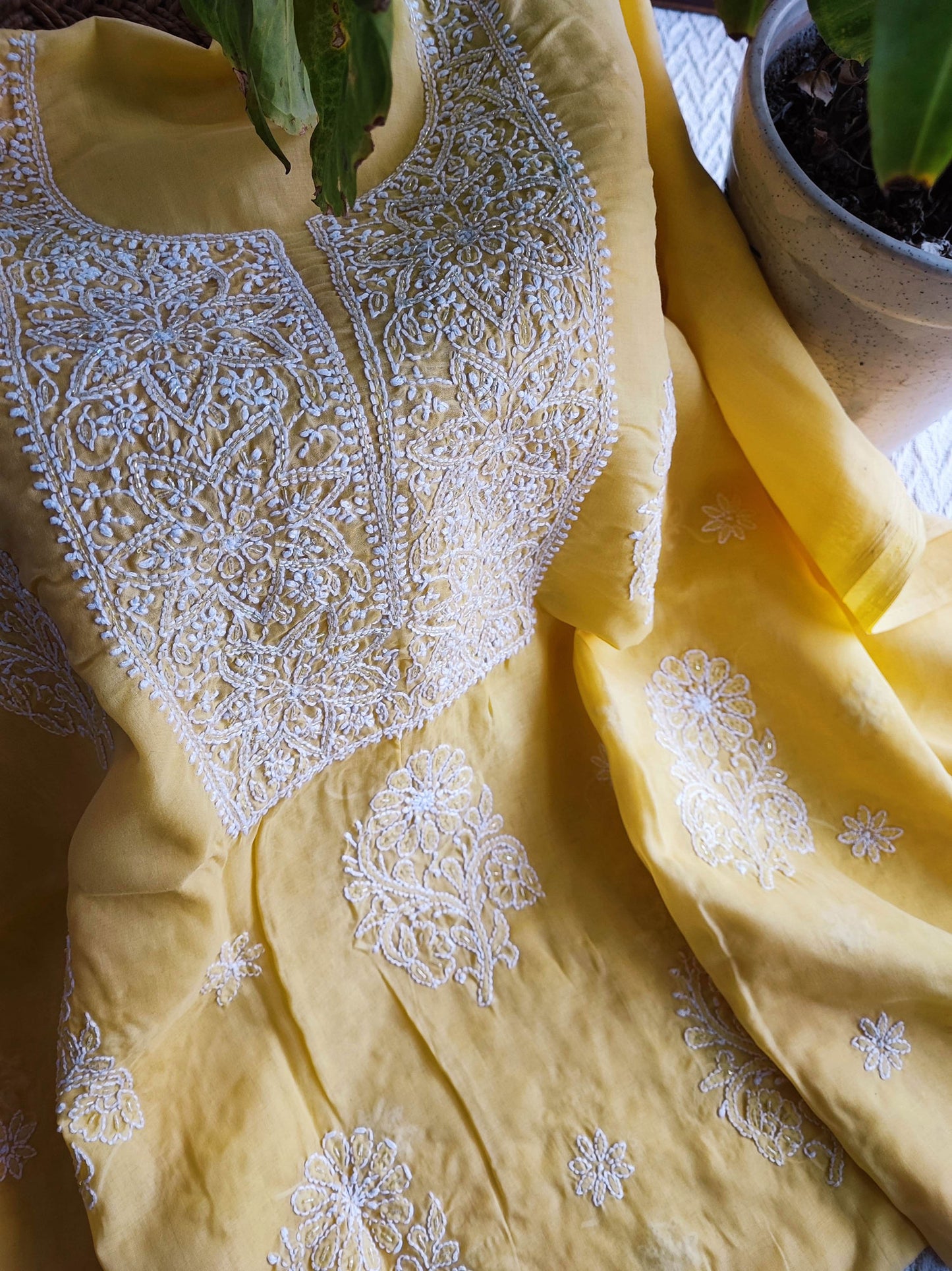 Pastel Yellow Muslin A-Line Kurta Fabric with Lucknowi Embroidery