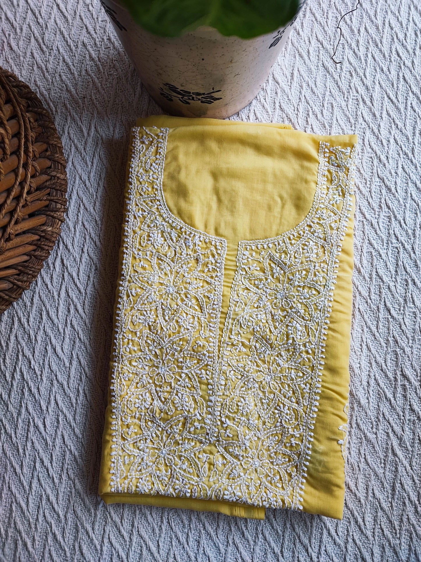 Pastel Yellow Muslin A-Line Kurta Fabric with Lucknowi Embroidery
