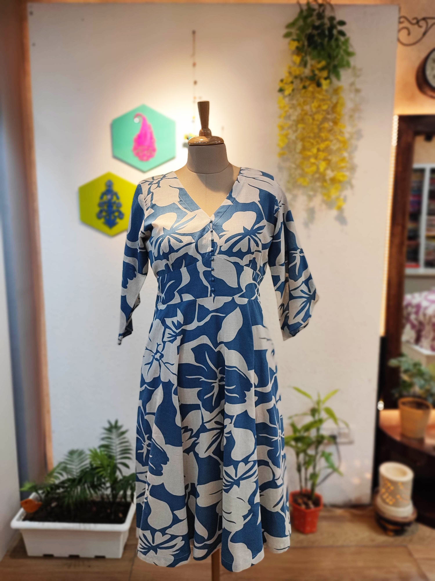 Blue & White Floral Rich Cotton Dress for Women – Faburra