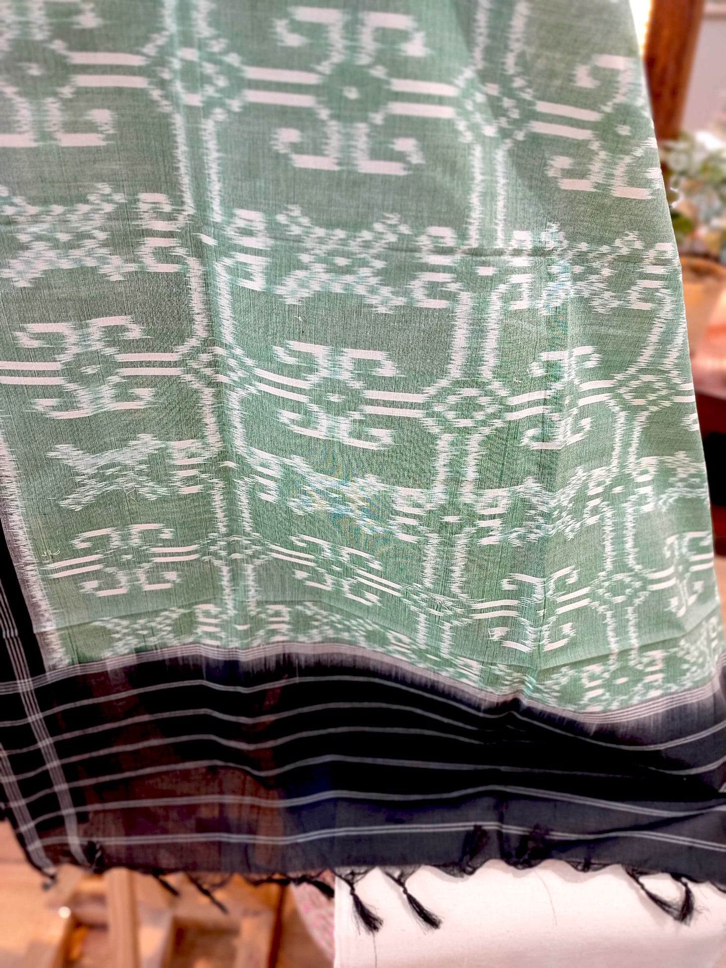 Pastel Green & Black Cotton Handloom Ikkat Suit Set