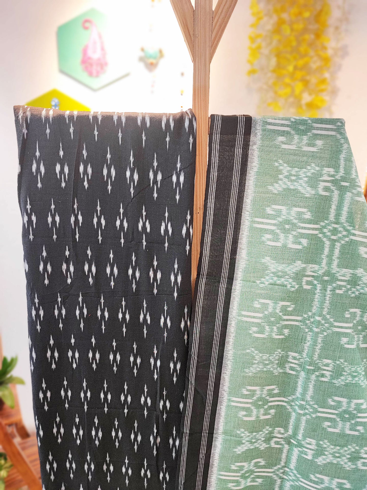 Pastel Green & Black Cotton Handloom Ikkat Suit Set