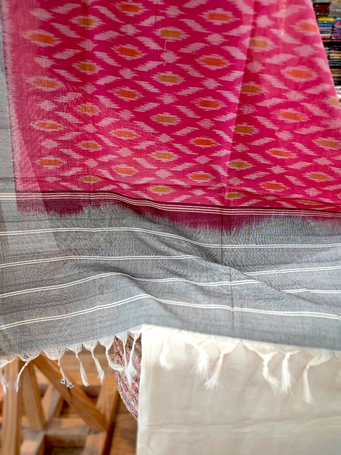 Stone Gray & Punch Pink Cotton Handloom Ikkat Suit Set