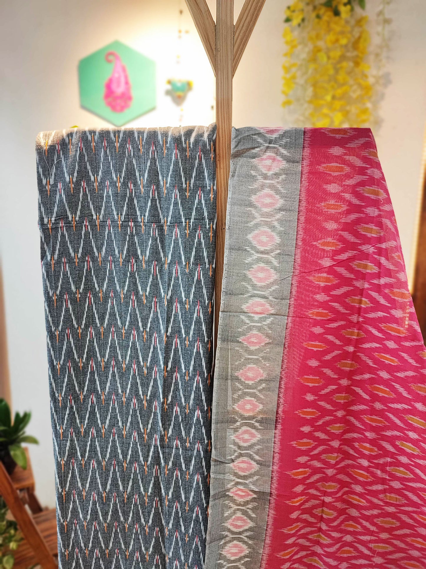 Stone Gray & Punch Pink Cotton Handloom Ikkat Suit Set