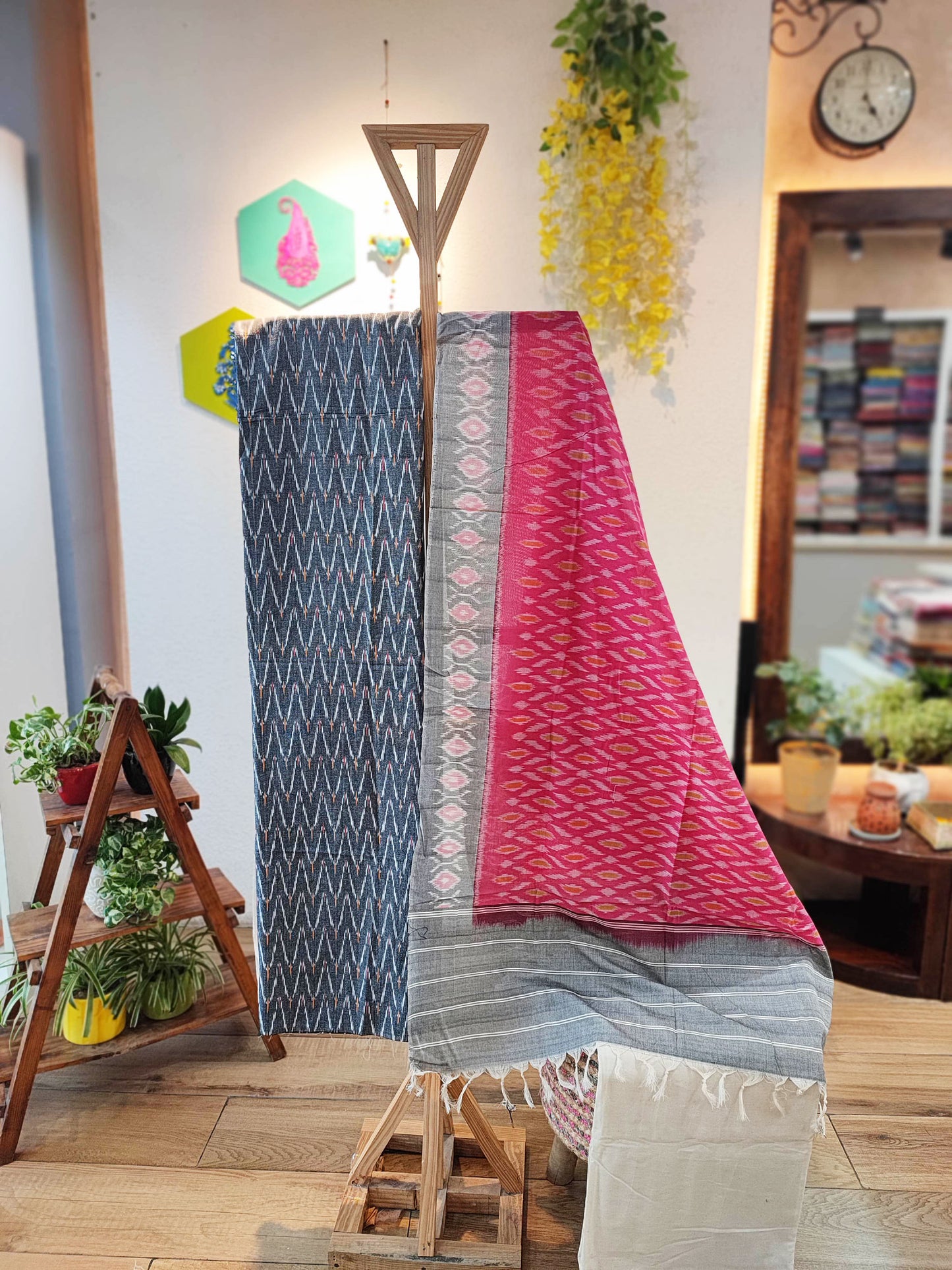 Stone Gray & Punch Pink Cotton Handloom Ikkat Suit Set