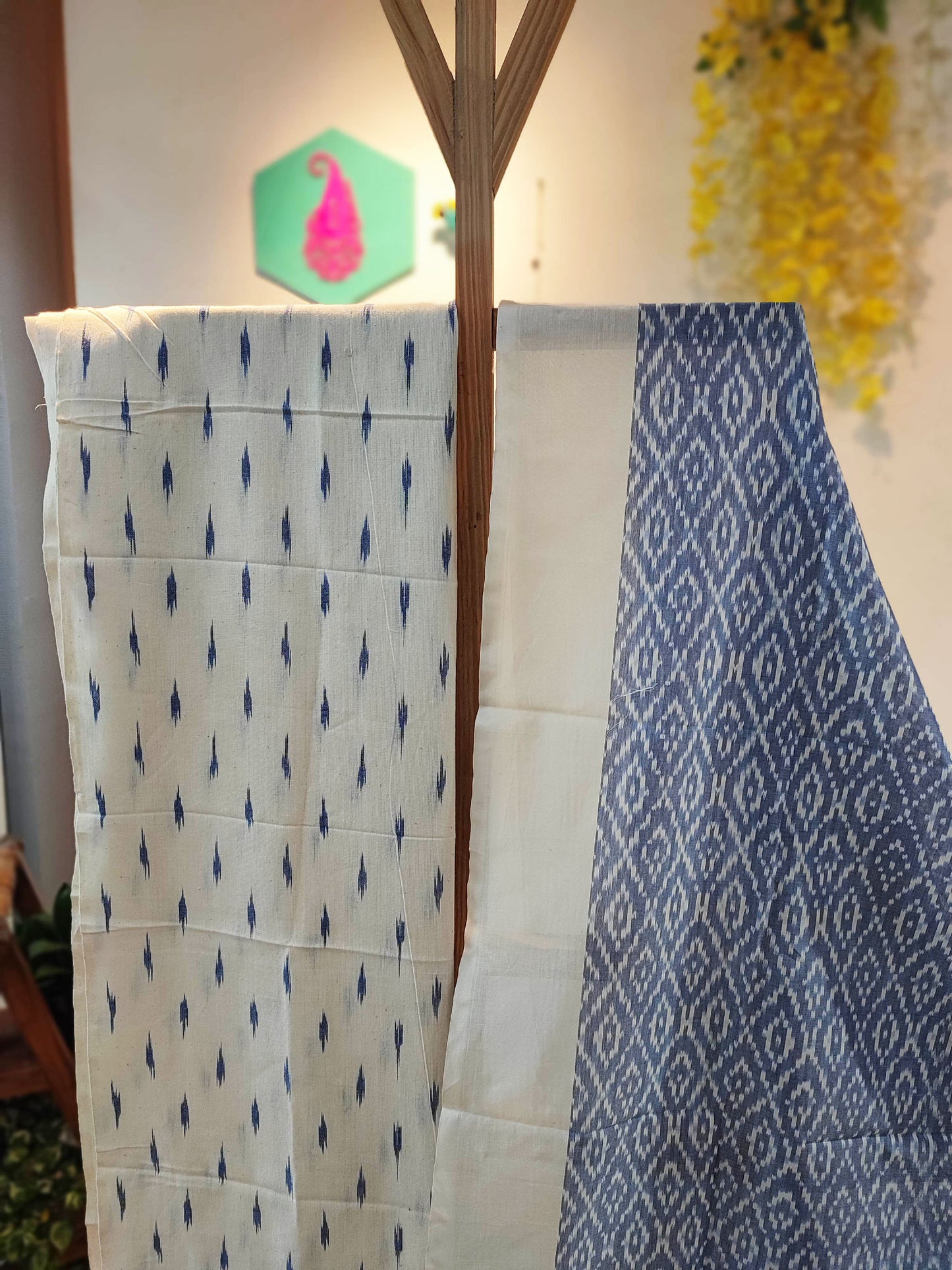 Pastel Blue & White Cotton Handloom Ikkat Suit Set