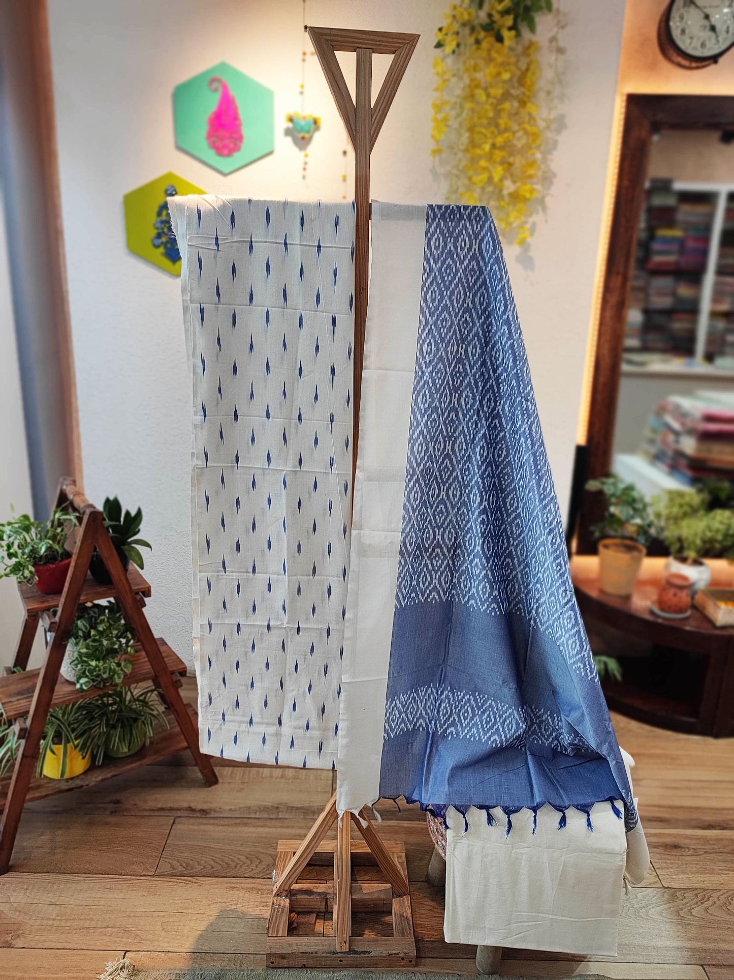 Pastel Blue & White Cotton Handloom Ikkat Suit Set