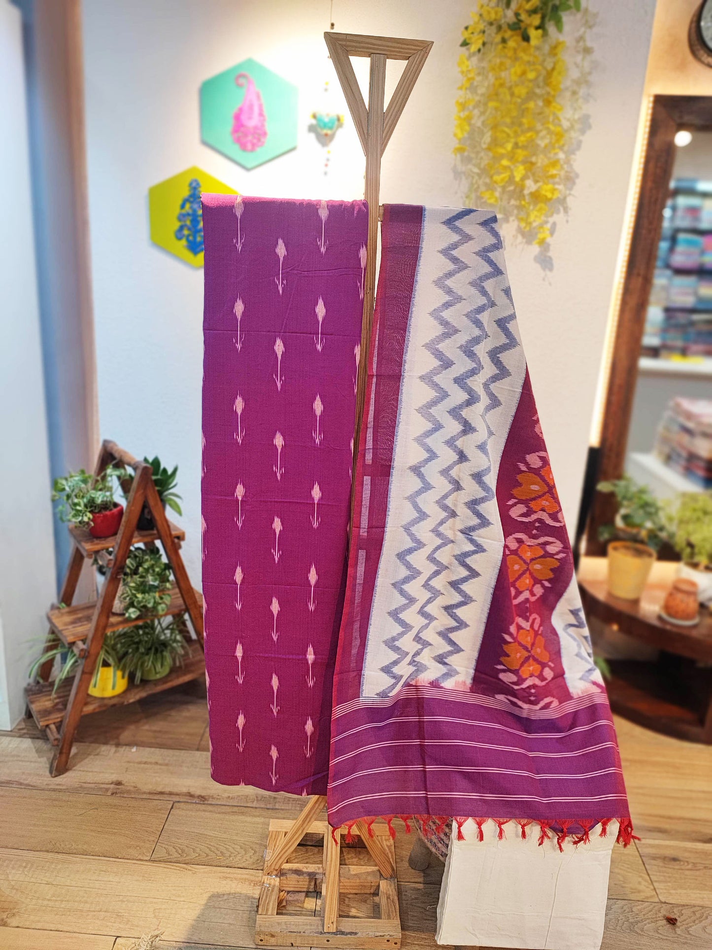 Bright Purple & White Cotton Handloom Ikkat Suit Set