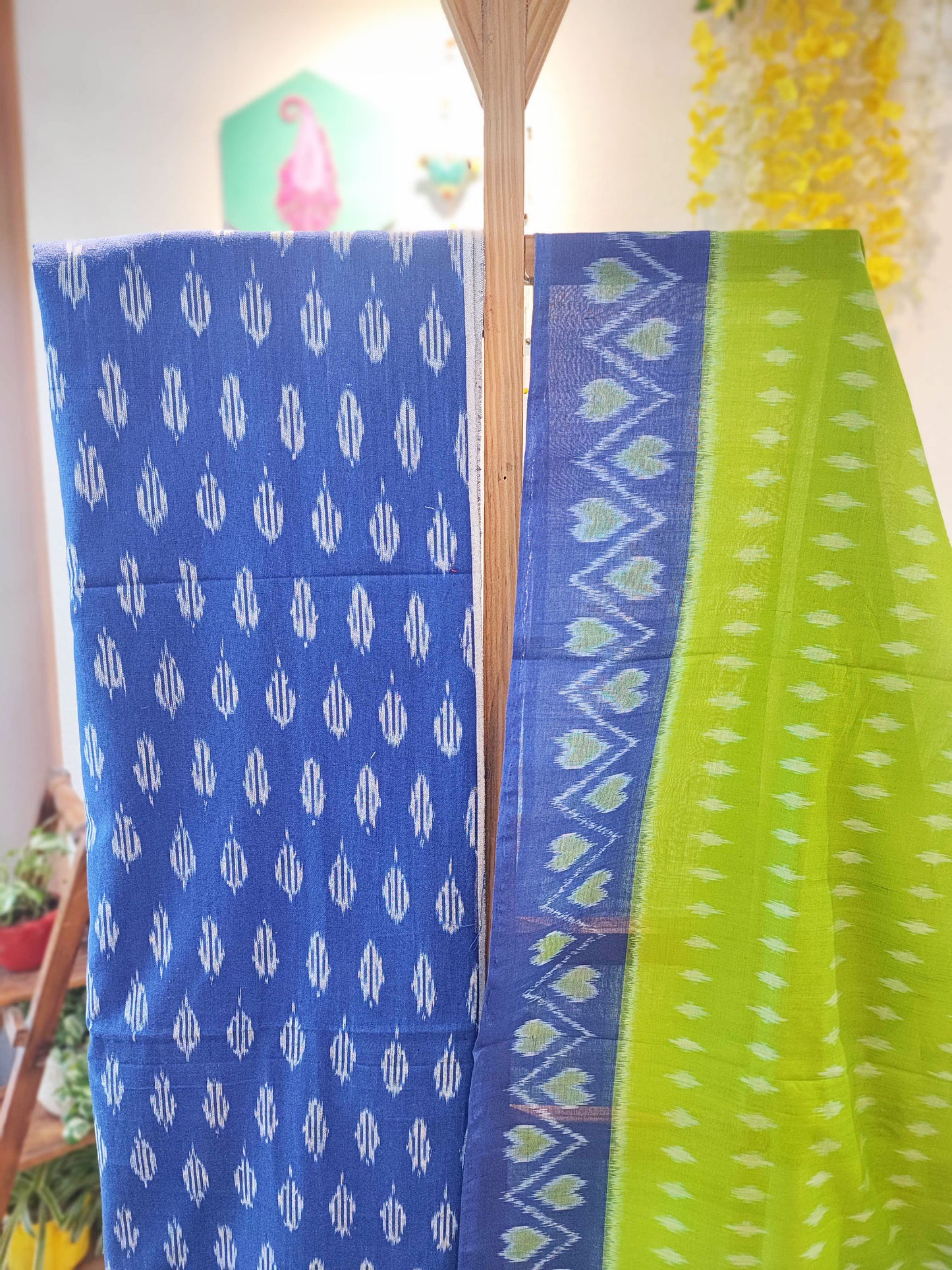 Limerick & Cobalt Blue Cotton Handloom Ikkat Suit Set
