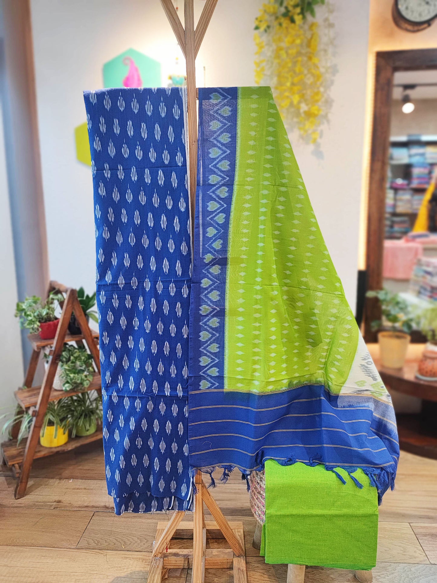Limerick & Cobalt Blue Cotton Handloom Ikkat Suit Set