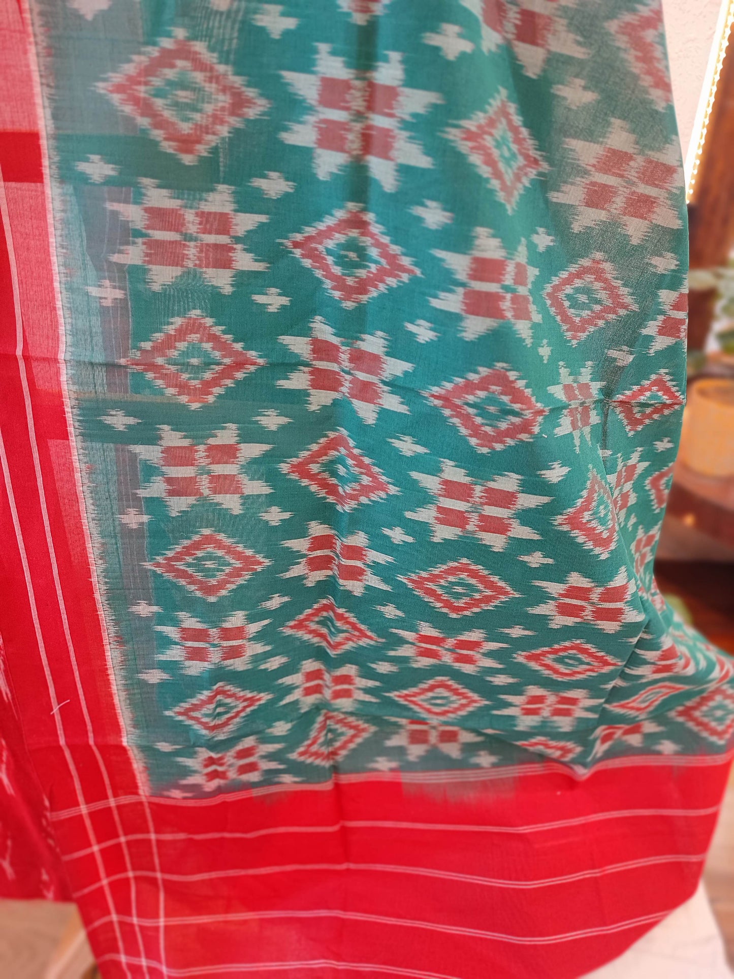 Scarlet & Teal Green Cotton Handloom Ikkat Suit Set
