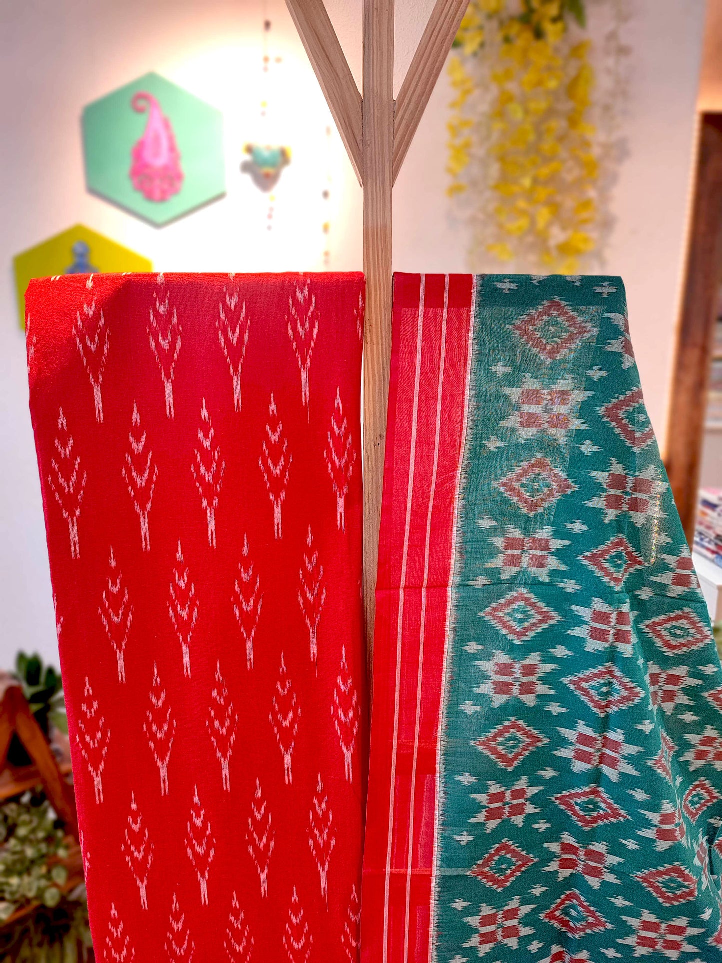 Scarlet & Teal Green Cotton Handloom Ikkat Suit Set