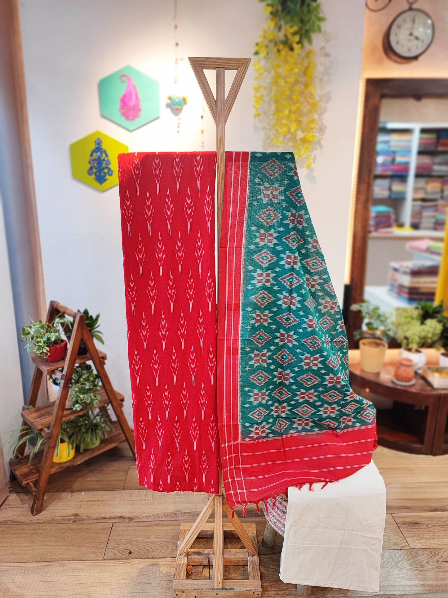 Scarlet & Teal Green Cotton Handloom Ikkat Suit Set