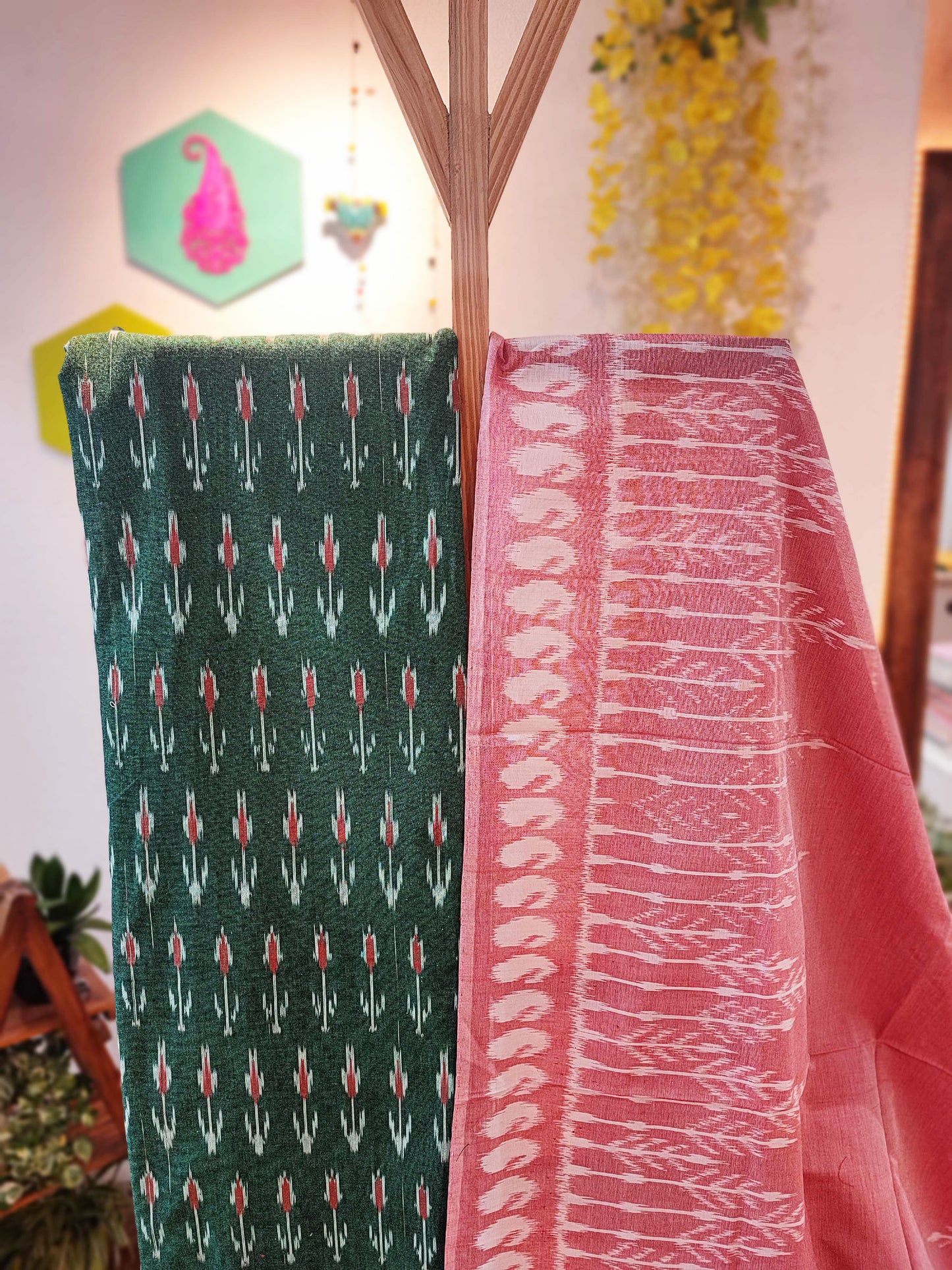 Bubblegum Pink & Pine Green Cotton Handloom Ikkat Suit Set