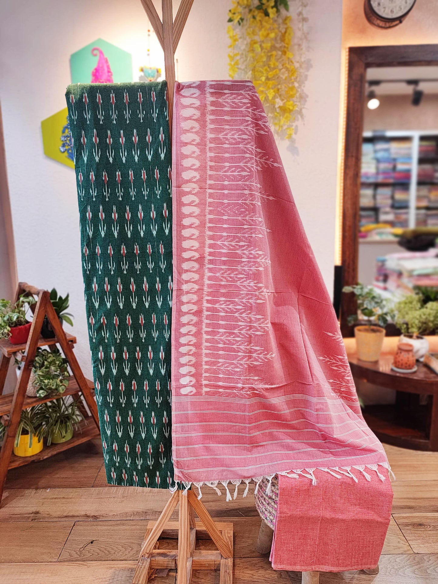 Bubblegum Pink & Pine Green Cotton Handloom Ikkat Suit Set