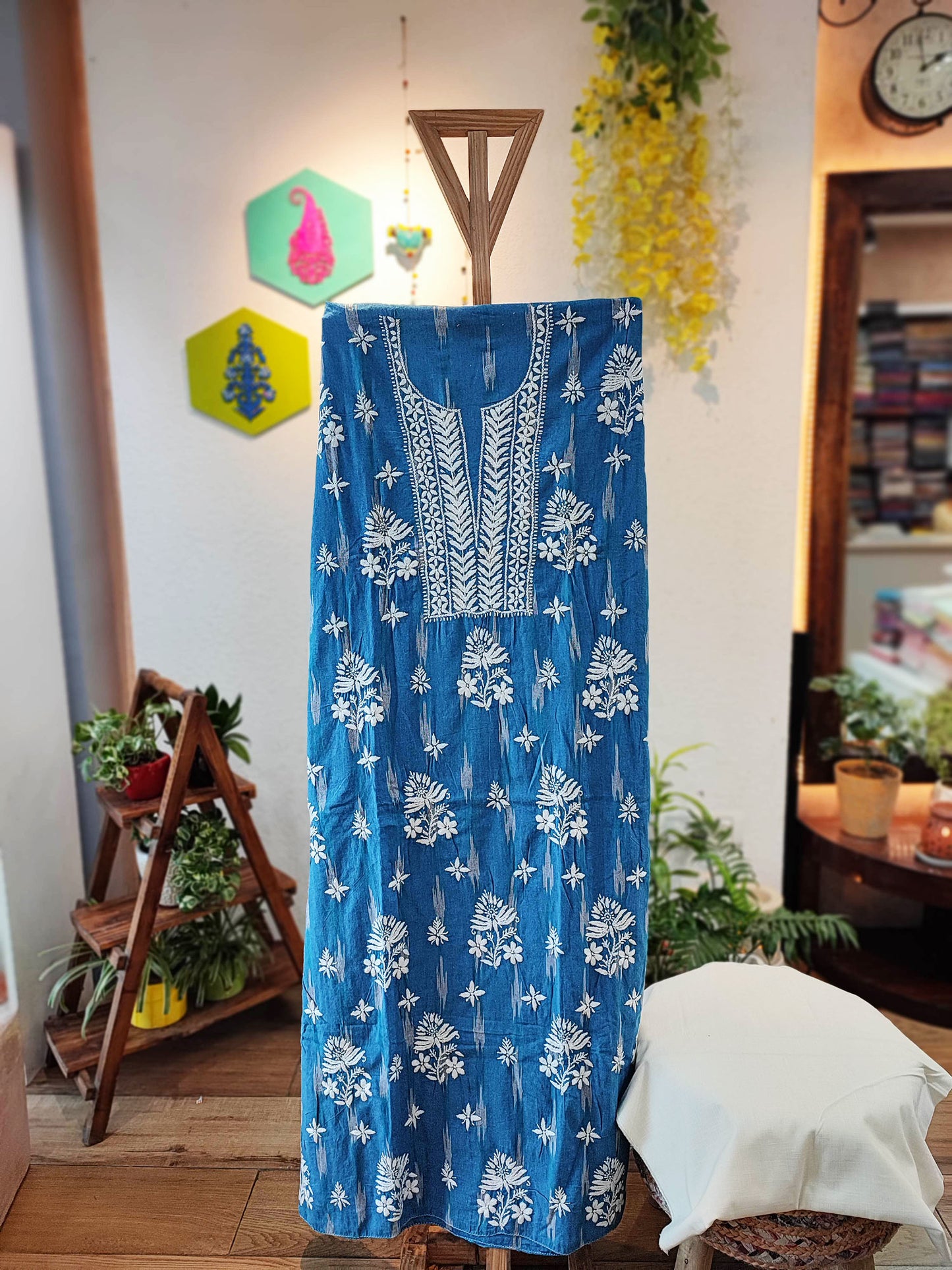 Azure Blue Handloom Cotton Embroidered Ikkat Kurta Pant Set