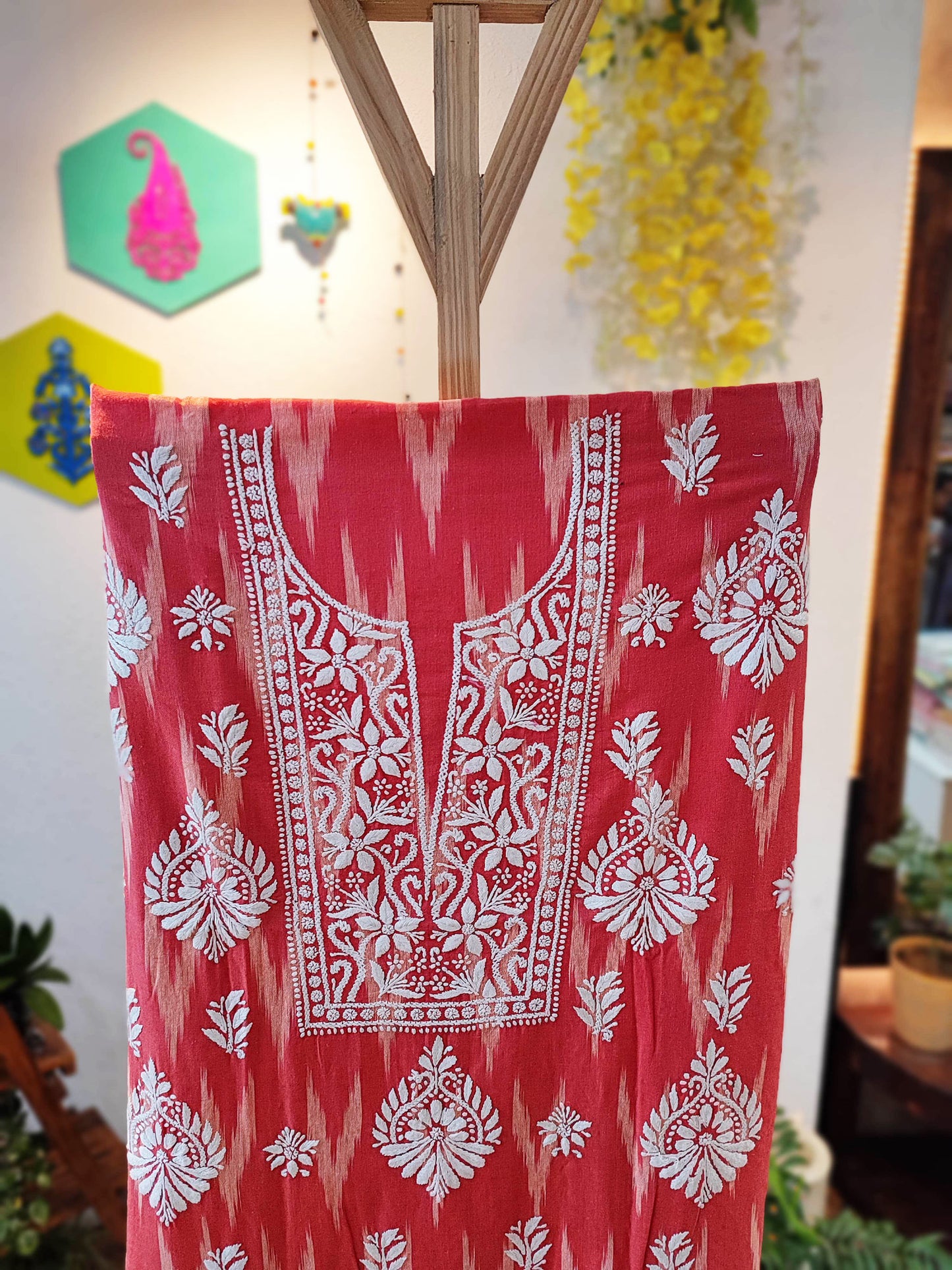 Brick Red Handloom Cotton Embroidered Ikkat Kurta Pant Set