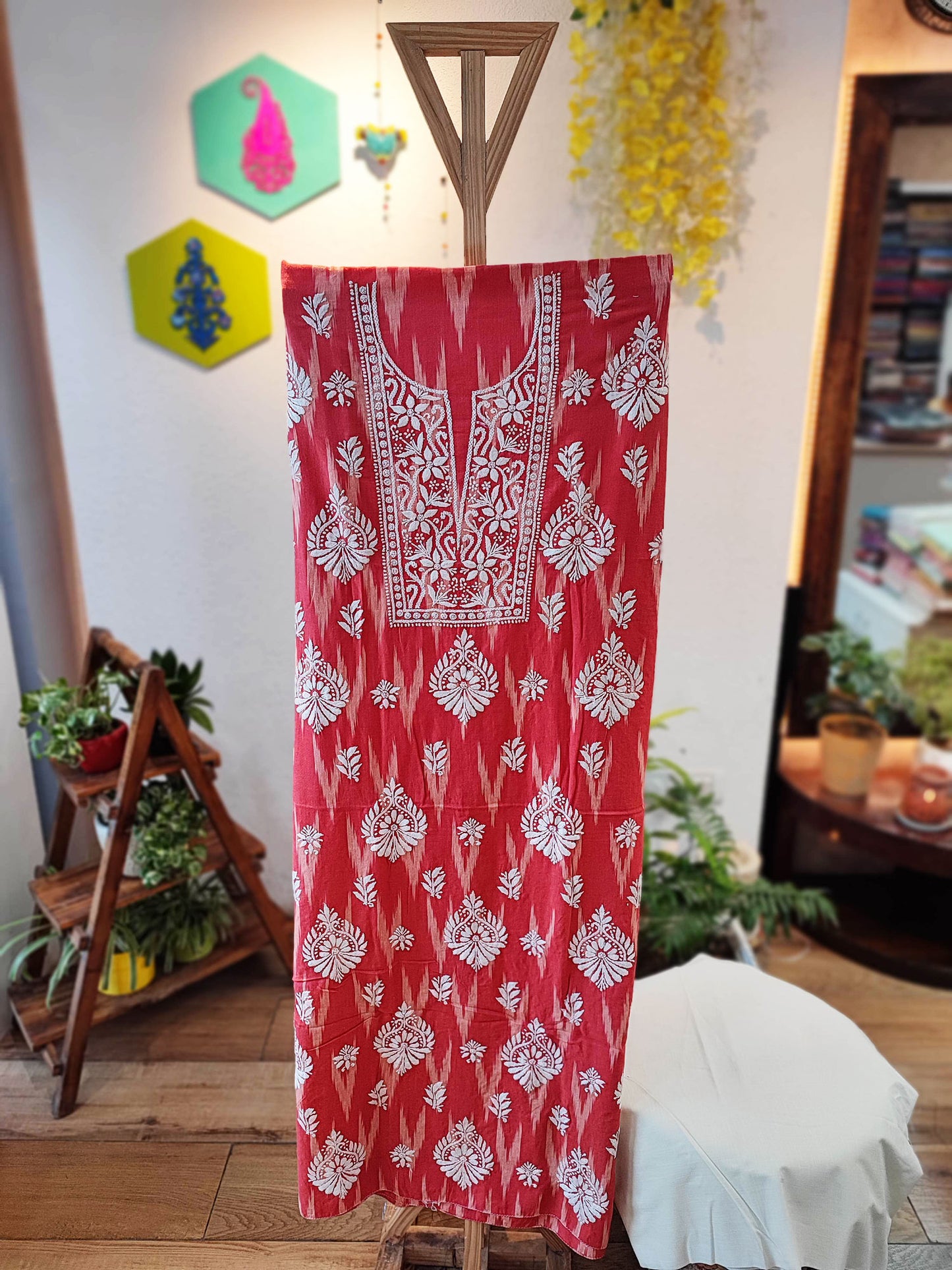 Brick Red Handloom Cotton Embroidered Ikkat Kurta Pant Set