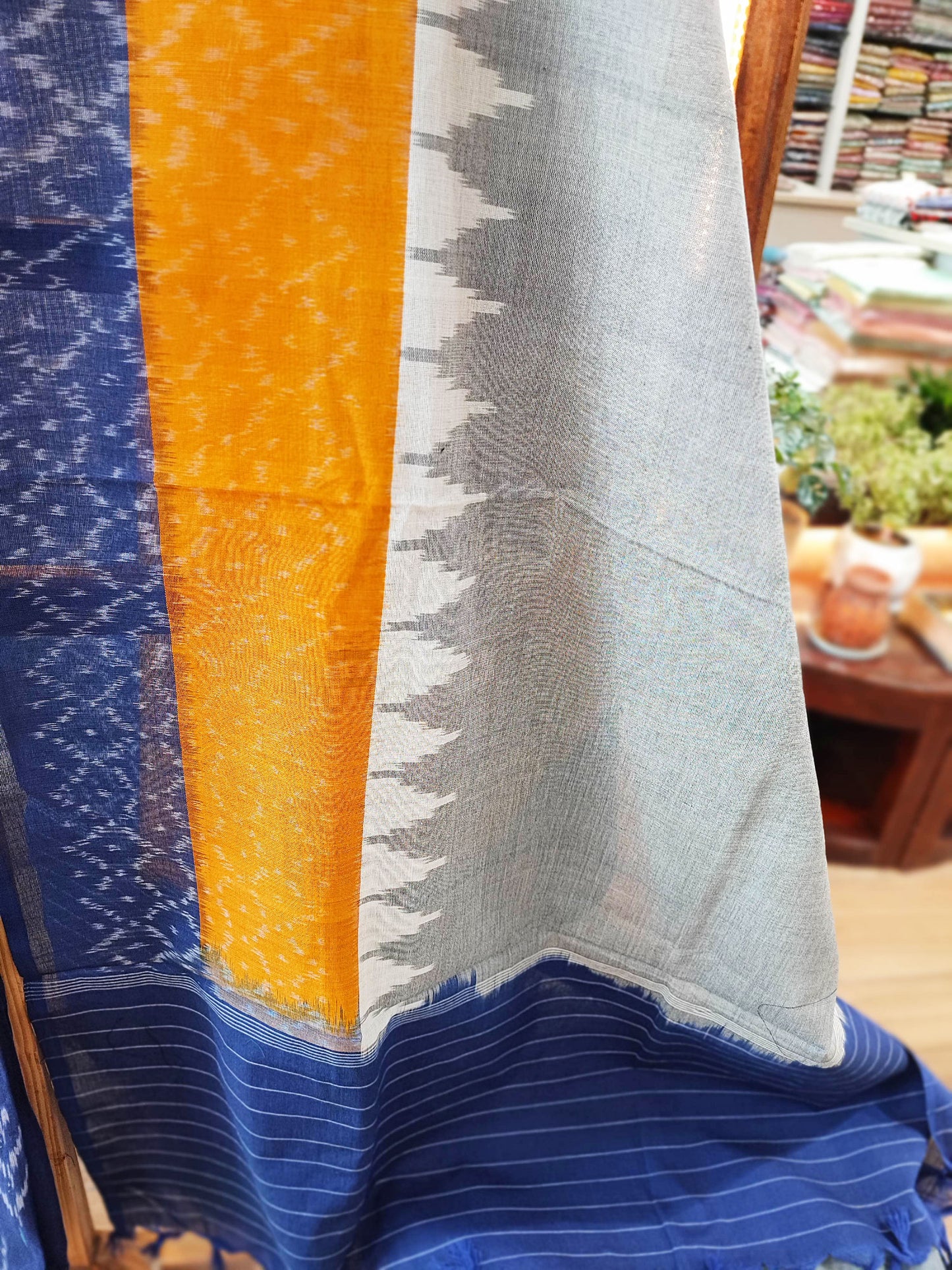 Cobalt Blue, Orange and Gray Cotton Handloom Ikkat Suit Set