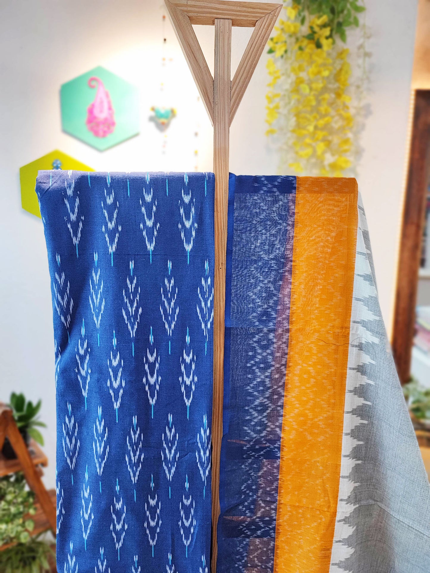 Cobalt Blue, Orange and Gray Cotton Handloom Ikkat Suit Set