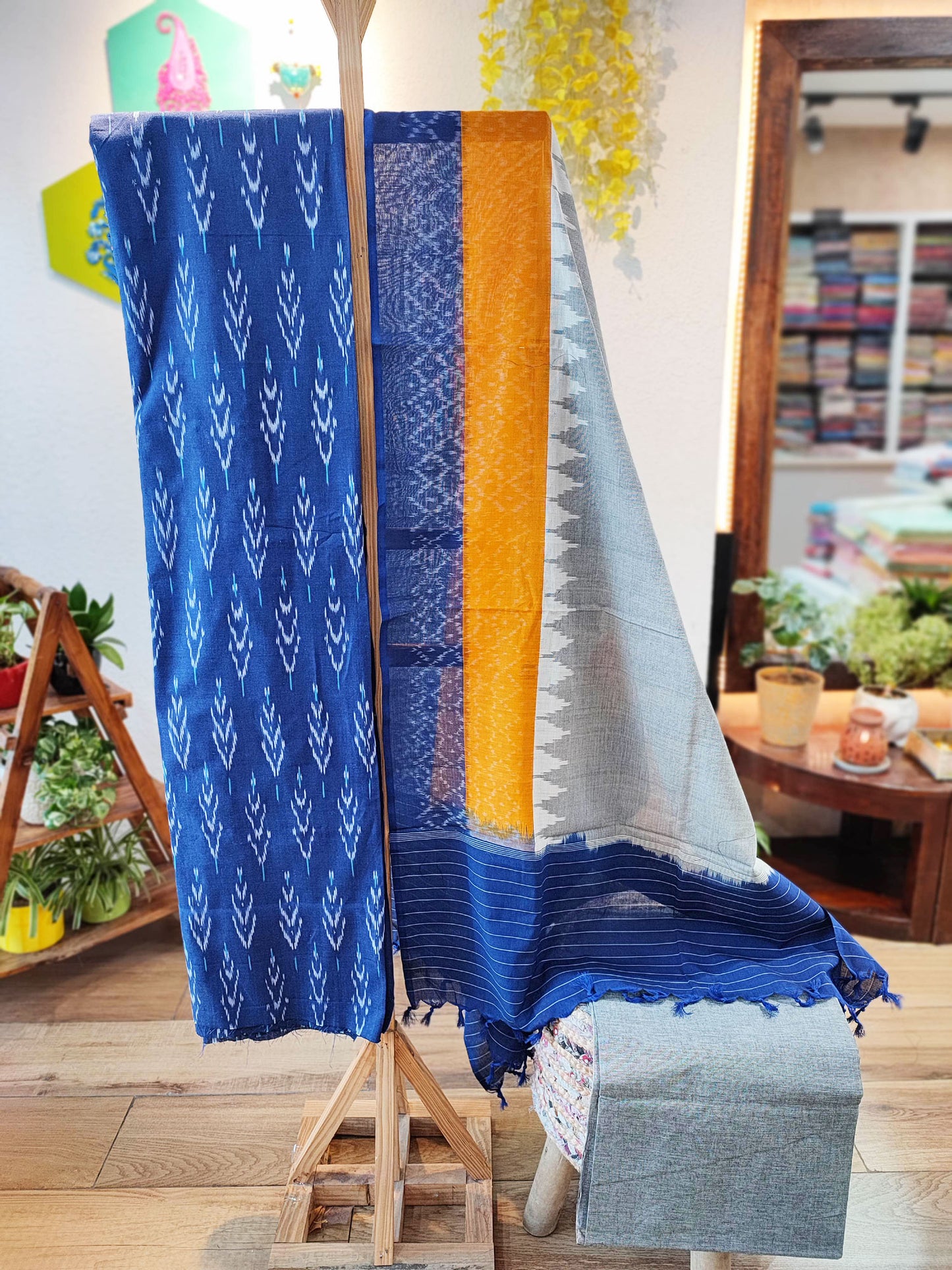 Cobalt Blue, Orange and Gray Cotton Handloom Ikkat Suit Set