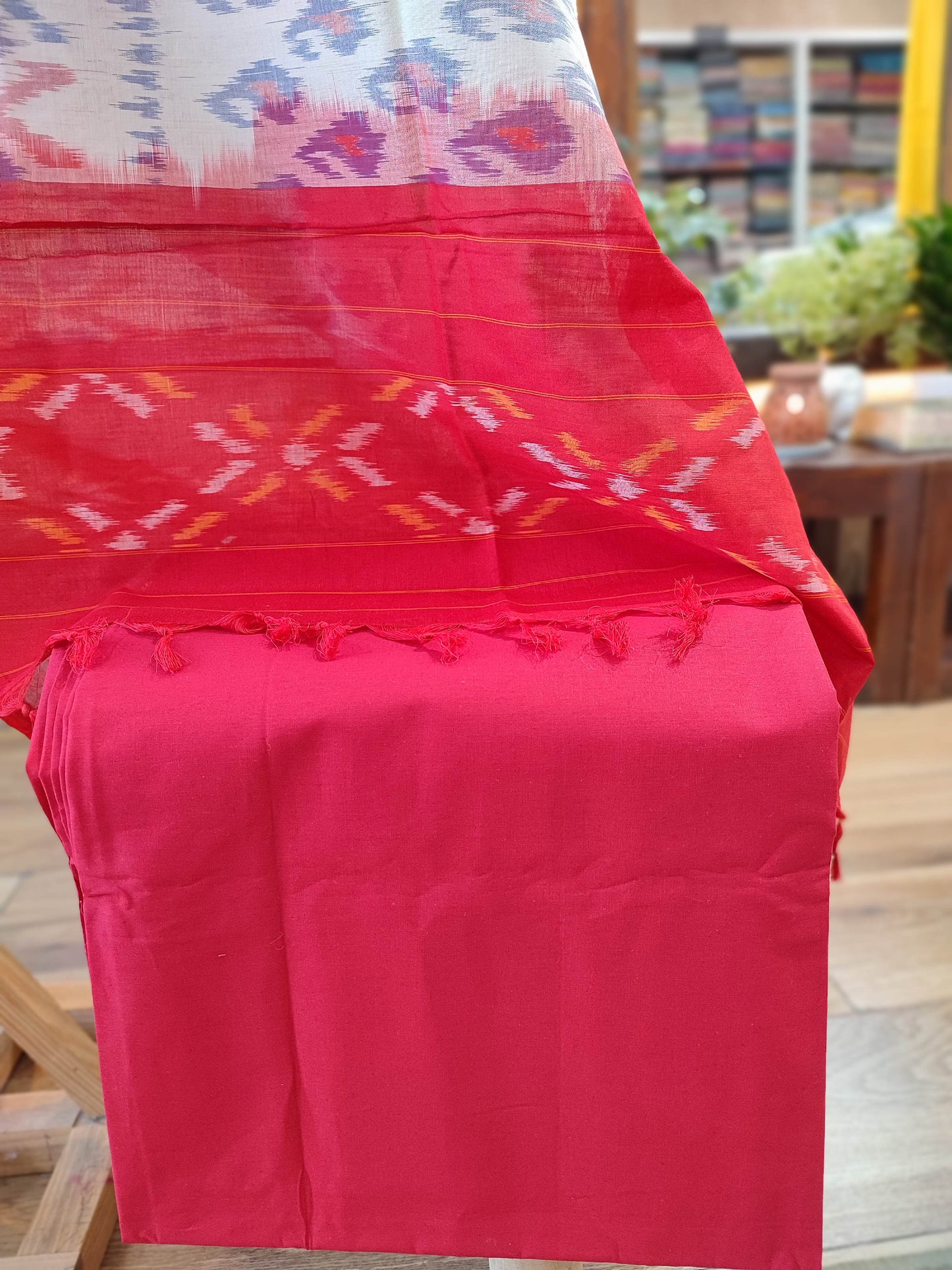 Sky Blue, Red & White Cotton Handloom Ikkat Suit Set