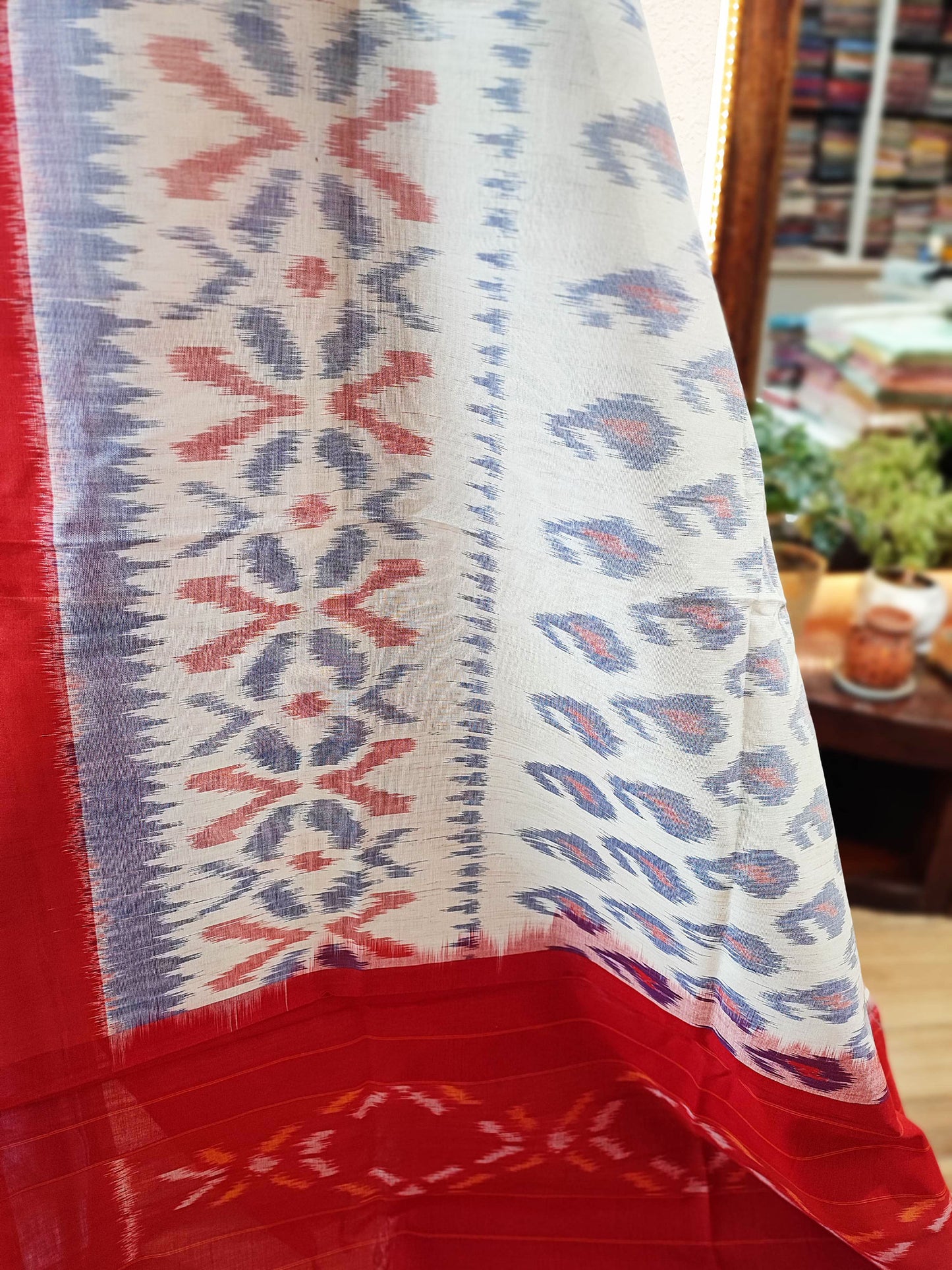 Sky Blue, Red & White Cotton Handloom Ikkat Suit Set