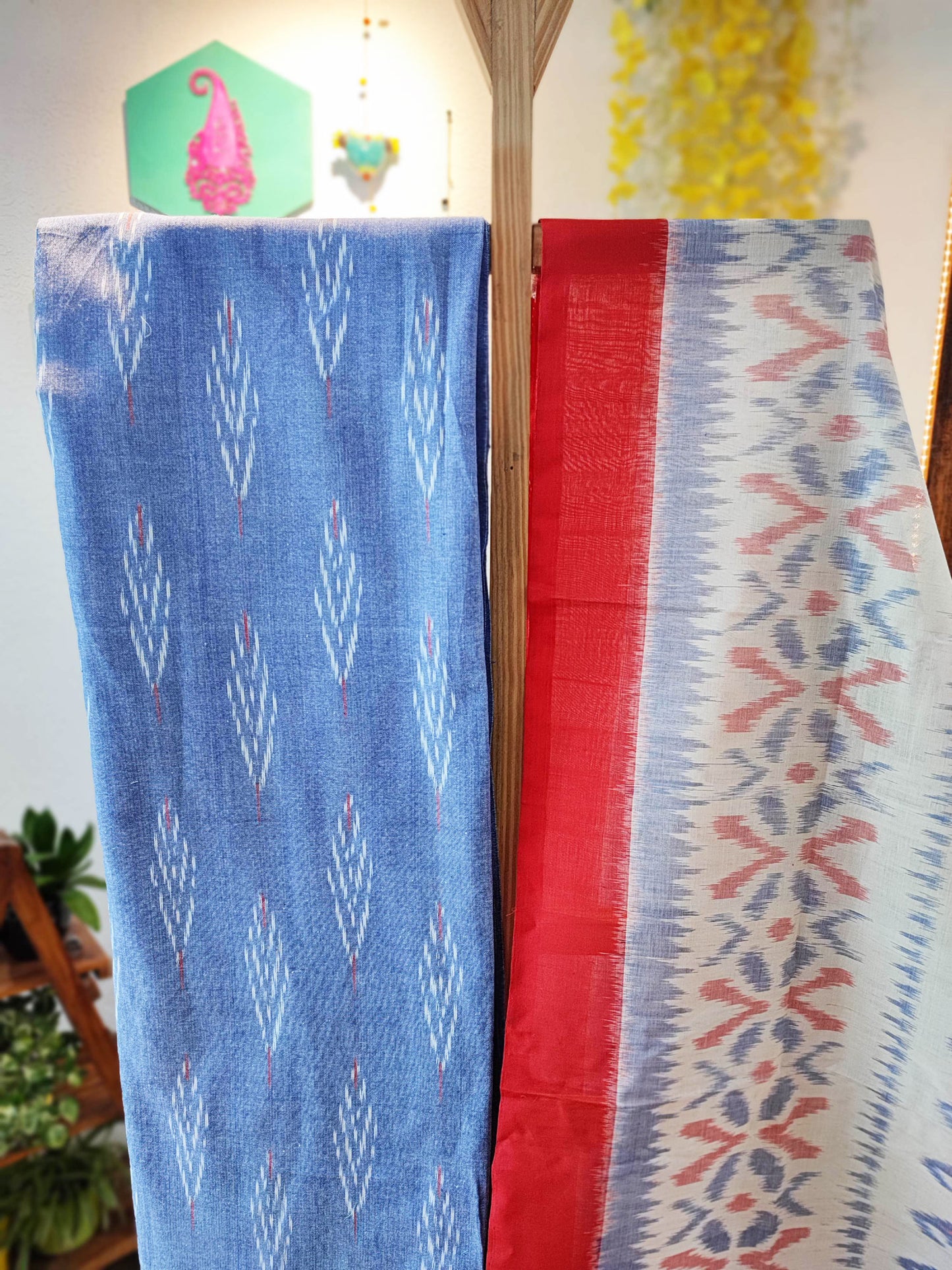 Sky Blue, Red & White Cotton Handloom Ikkat Suit Set