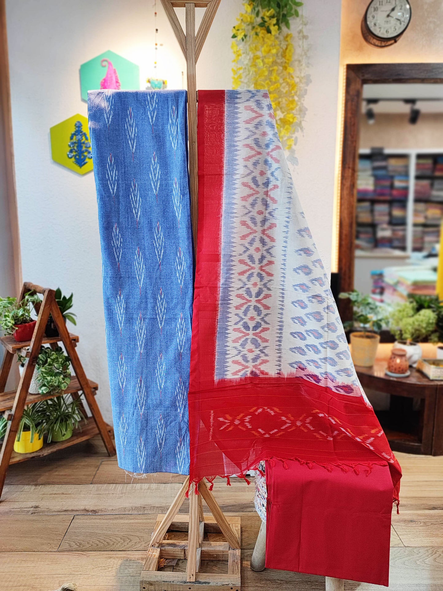 Sky Blue, Red & White Cotton Handloom Ikkat Suit Set
