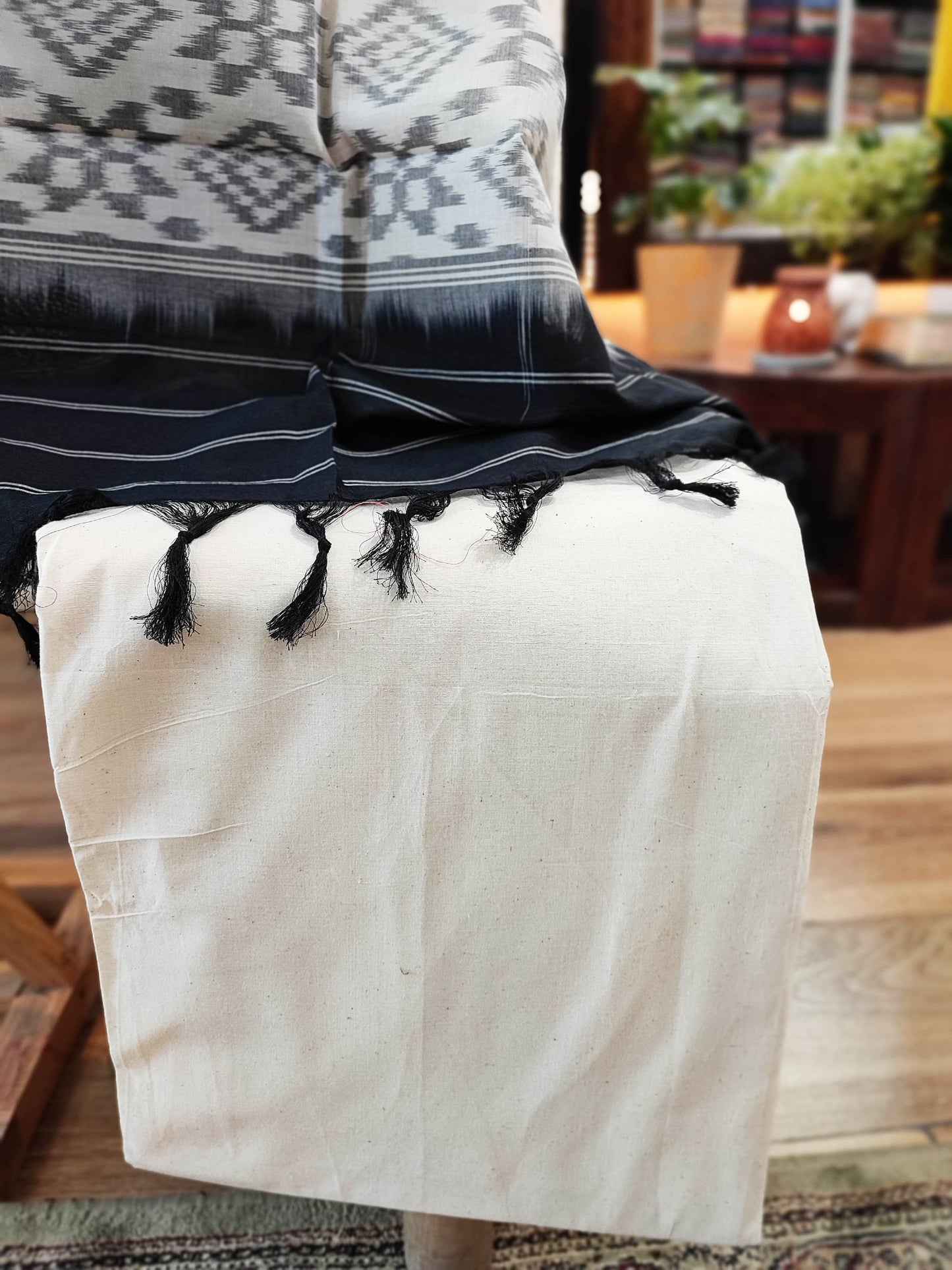 Black & Moonlight White Cotton Handloom Ikkat Suit Set
