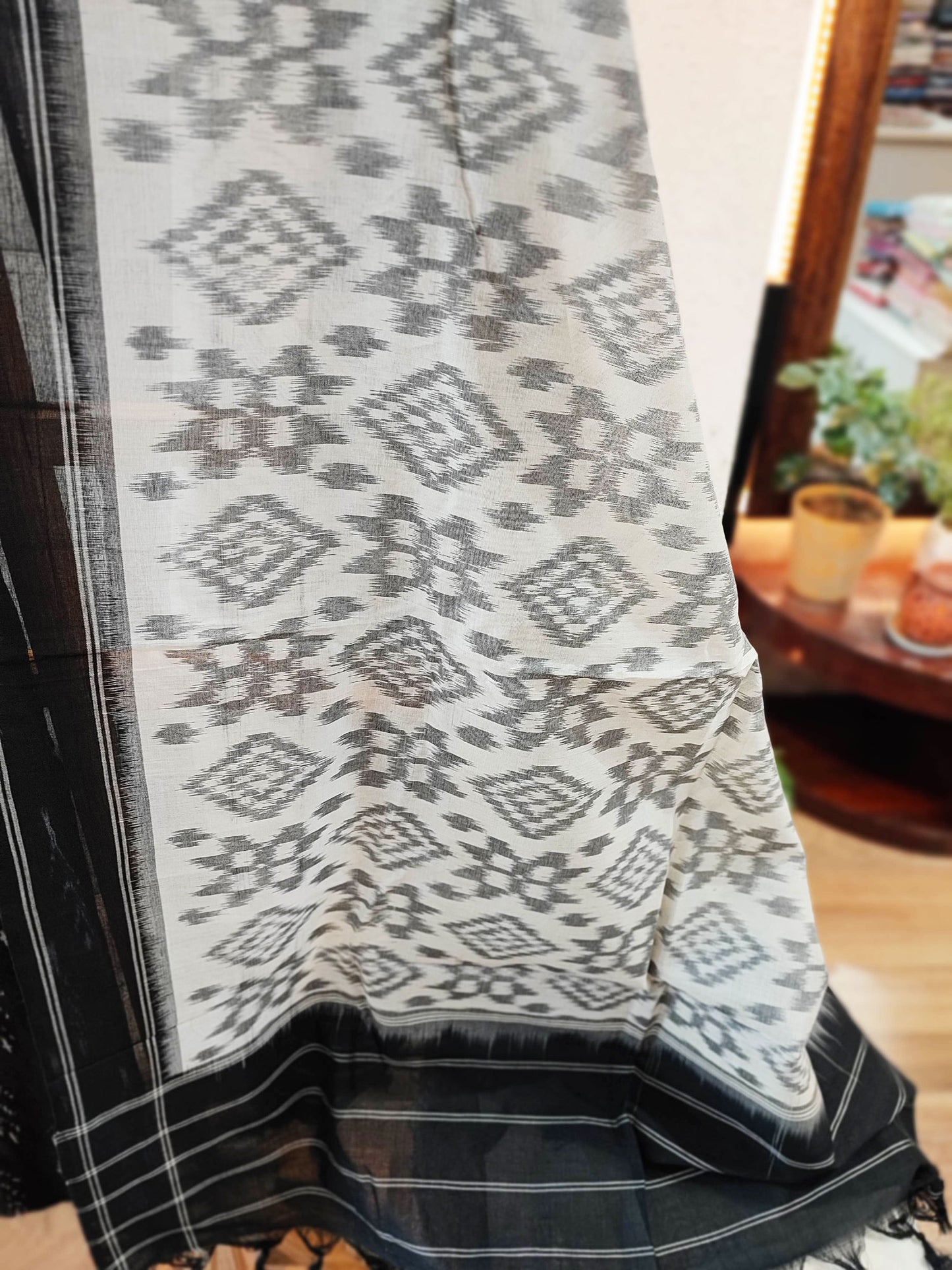 Black & Moonlight White Cotton Handloom Ikkat Suit Set