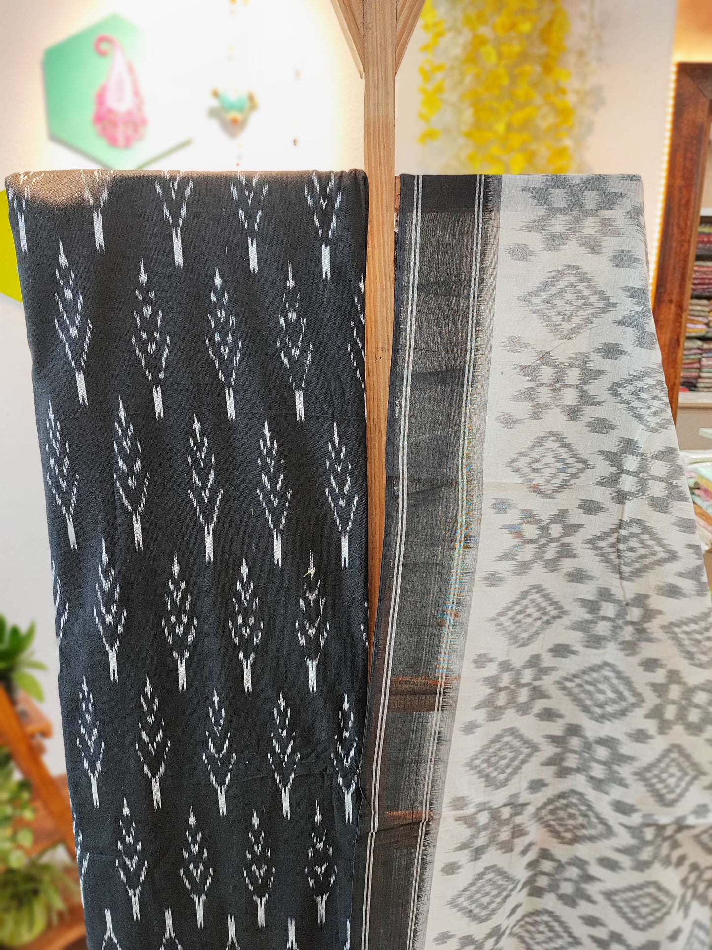 Black & Moonlight White Cotton Handloom Ikkat Suit Set