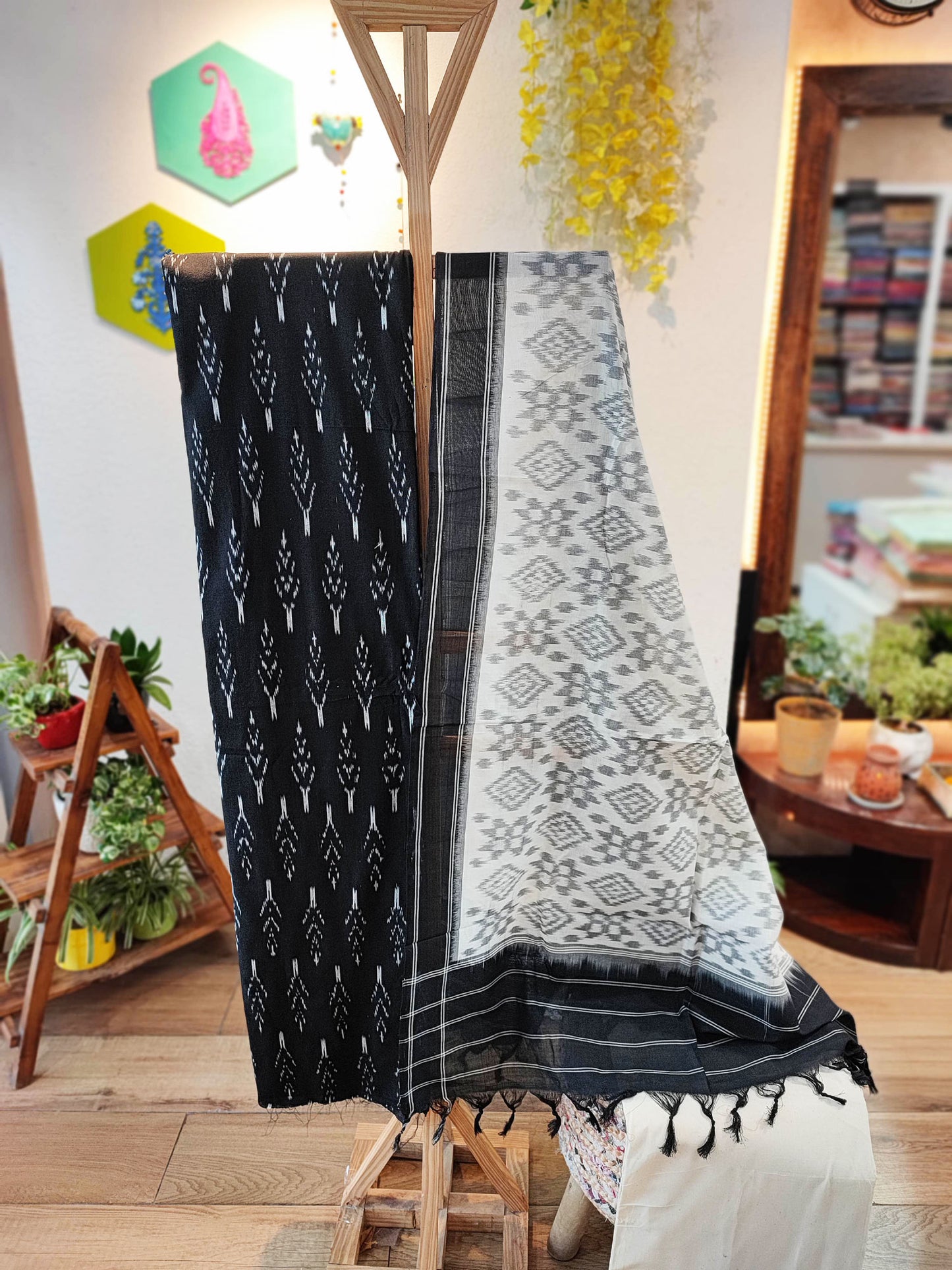 Black & Moonlight White Cotton Handloom Ikkat Suit Set