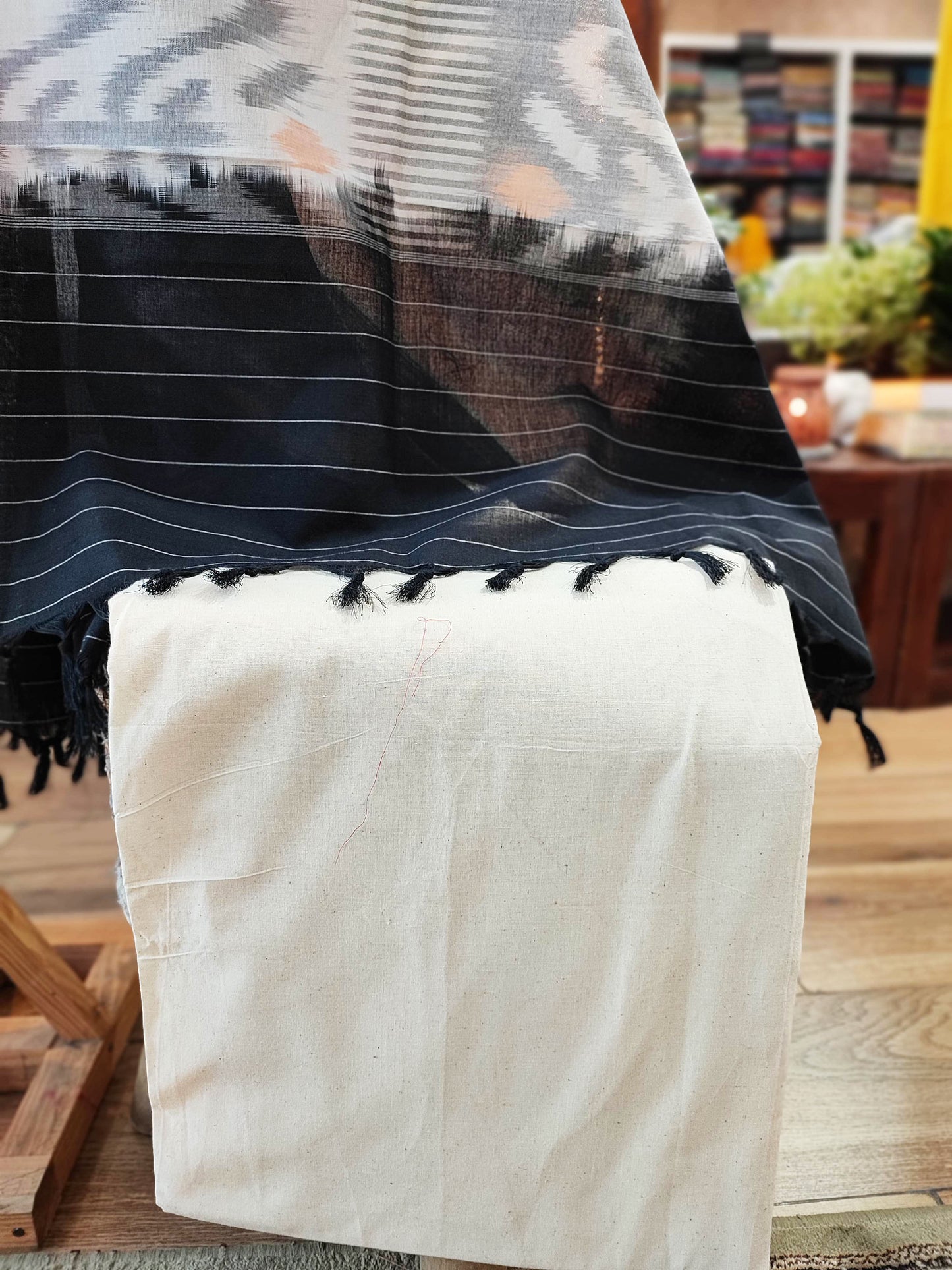Black & Moonlight White Cotton Handloom Ikkat Suit Set
