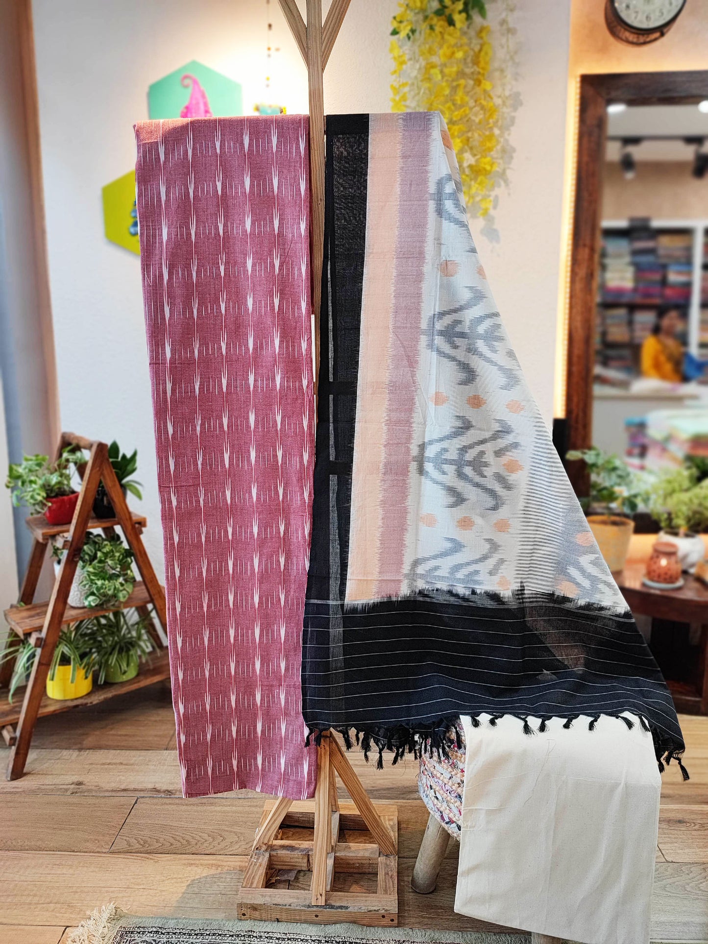 Rogue Pink, Black & White Cotton Handloom Ikkat Suit Set