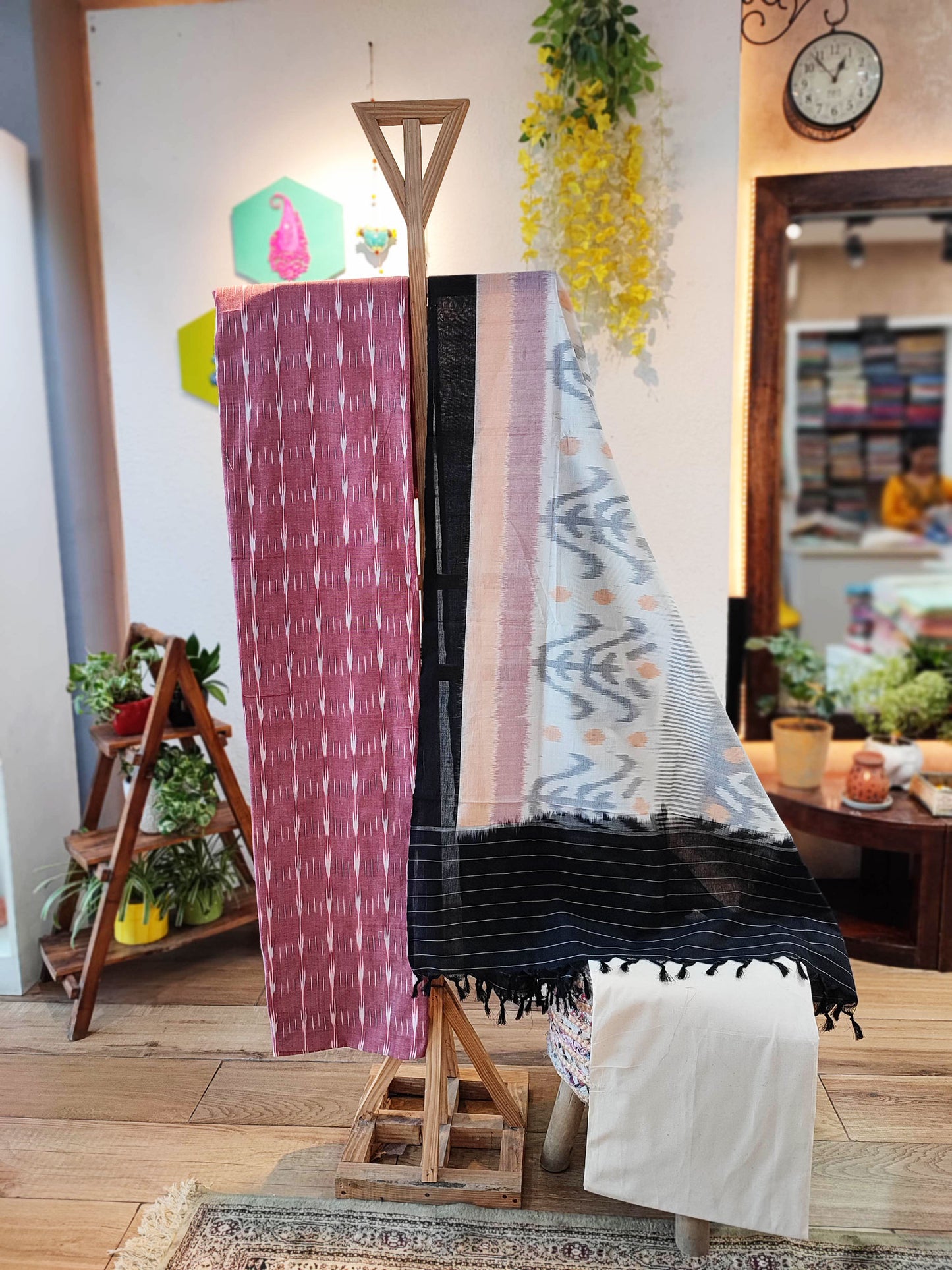Rogue Pink, Black & White Cotton Handloom Ikkat Suit Set