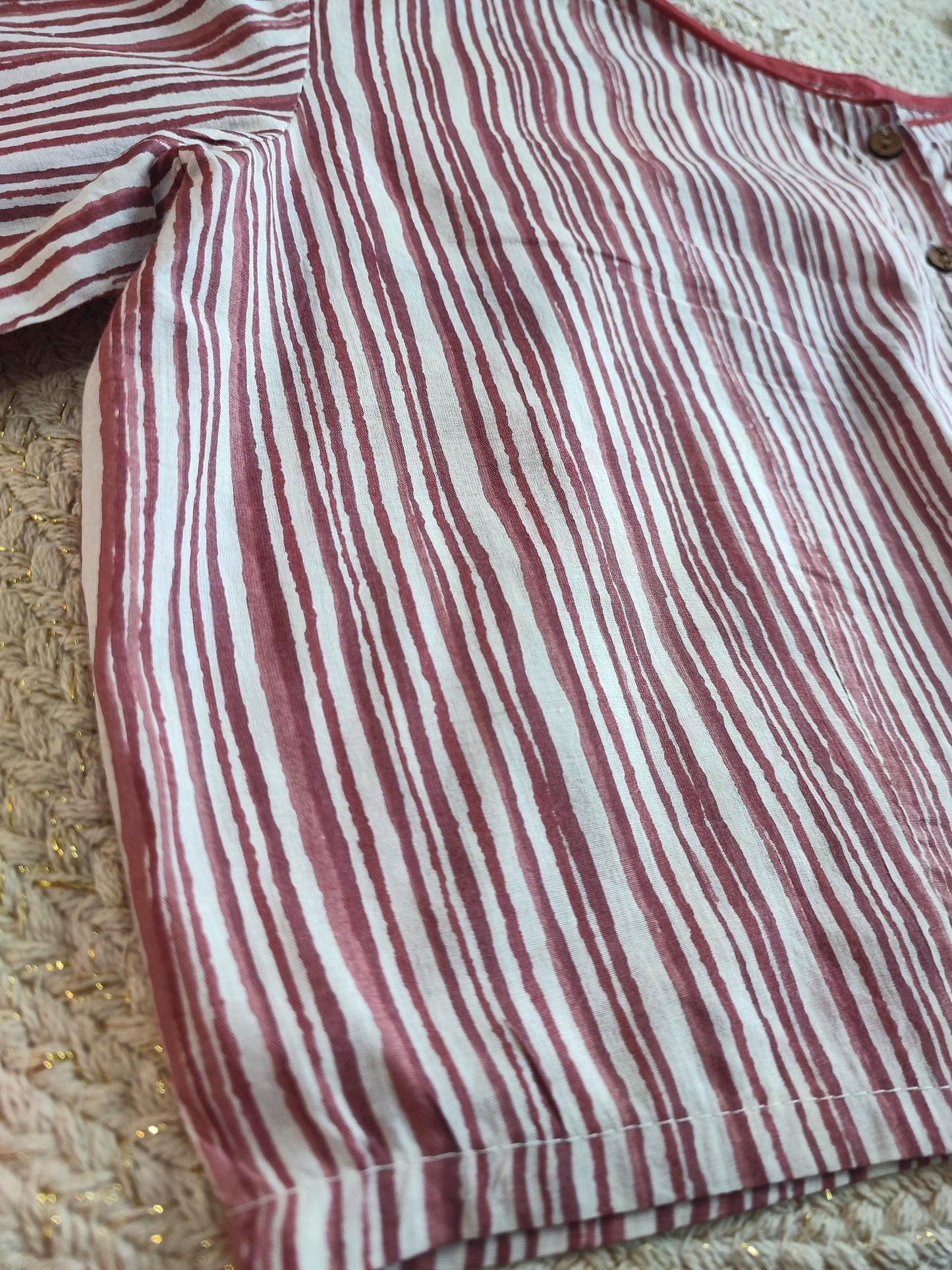 Maroon & White Striped Cotton Blouse – Full Sleeves with Contrast Cuffs