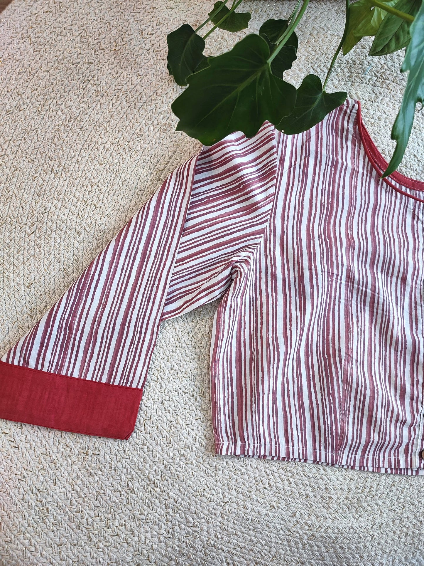 Maroon & White Striped Cotton Blouse – Full Sleeves with Contrast Cuffs