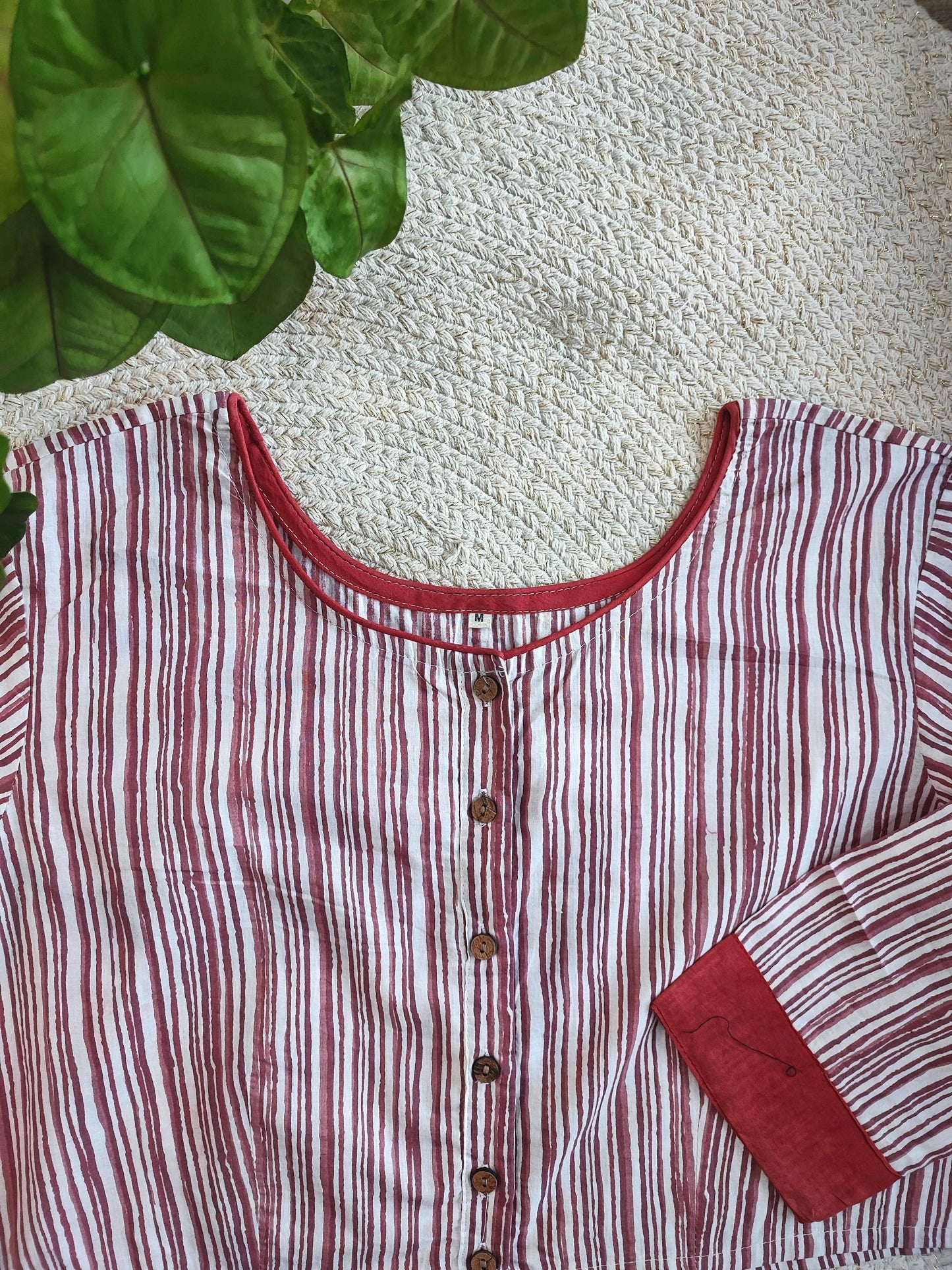 Maroon & White Striped Cotton Blouse – Full Sleeves with Contrast Cuffs