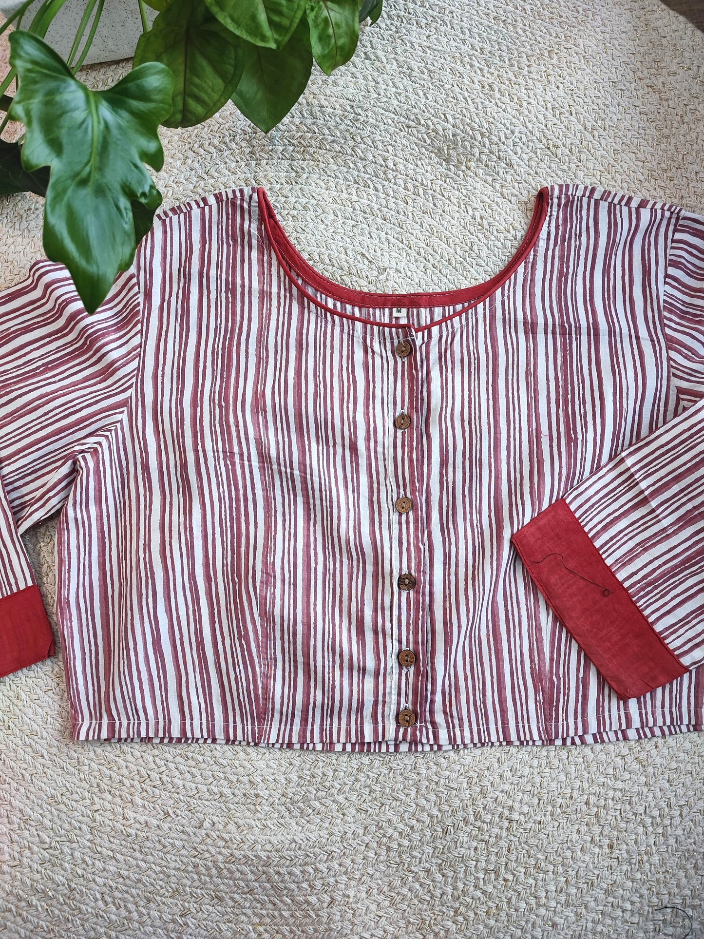Maroon & White Striped Cotton Blouse – Full Sleeves with Contrast Cuffs