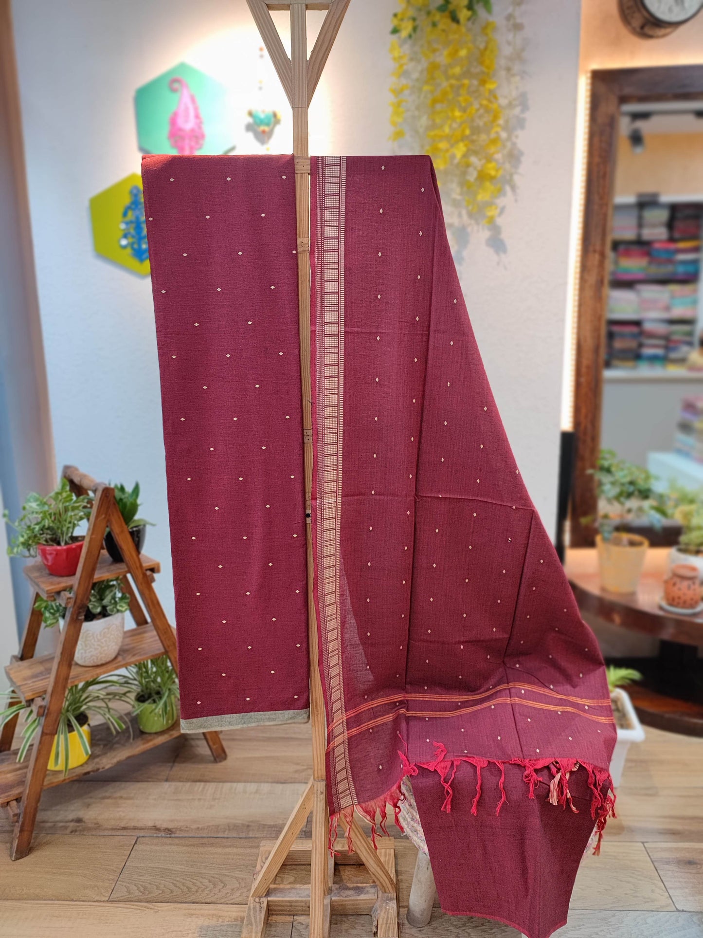 Maroon Handloom Pure Cotton Suit with Subtle Buta Weave