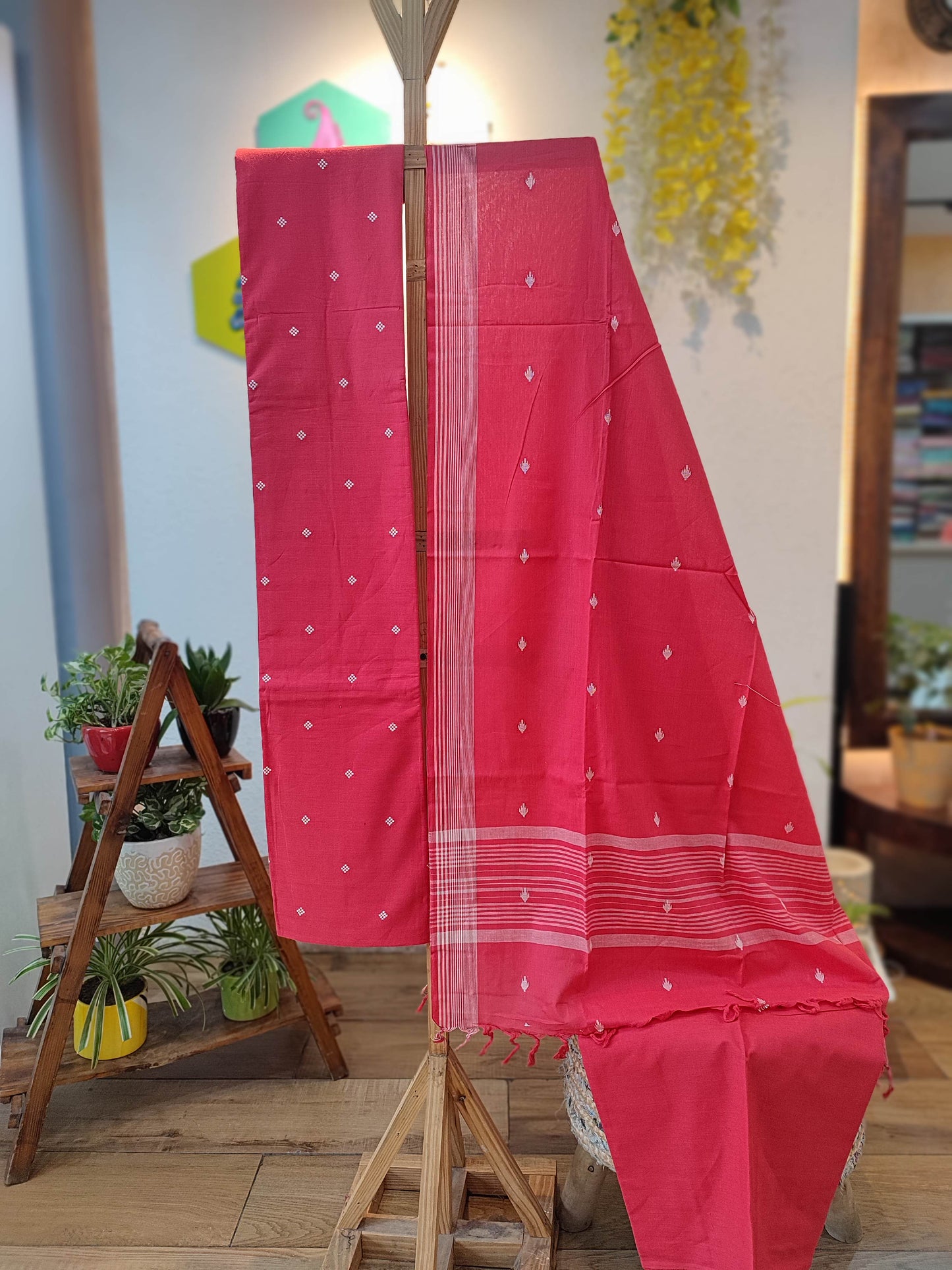 Coral Pink Handloom Pure Cotton Suit with Diamond and Buta Weave