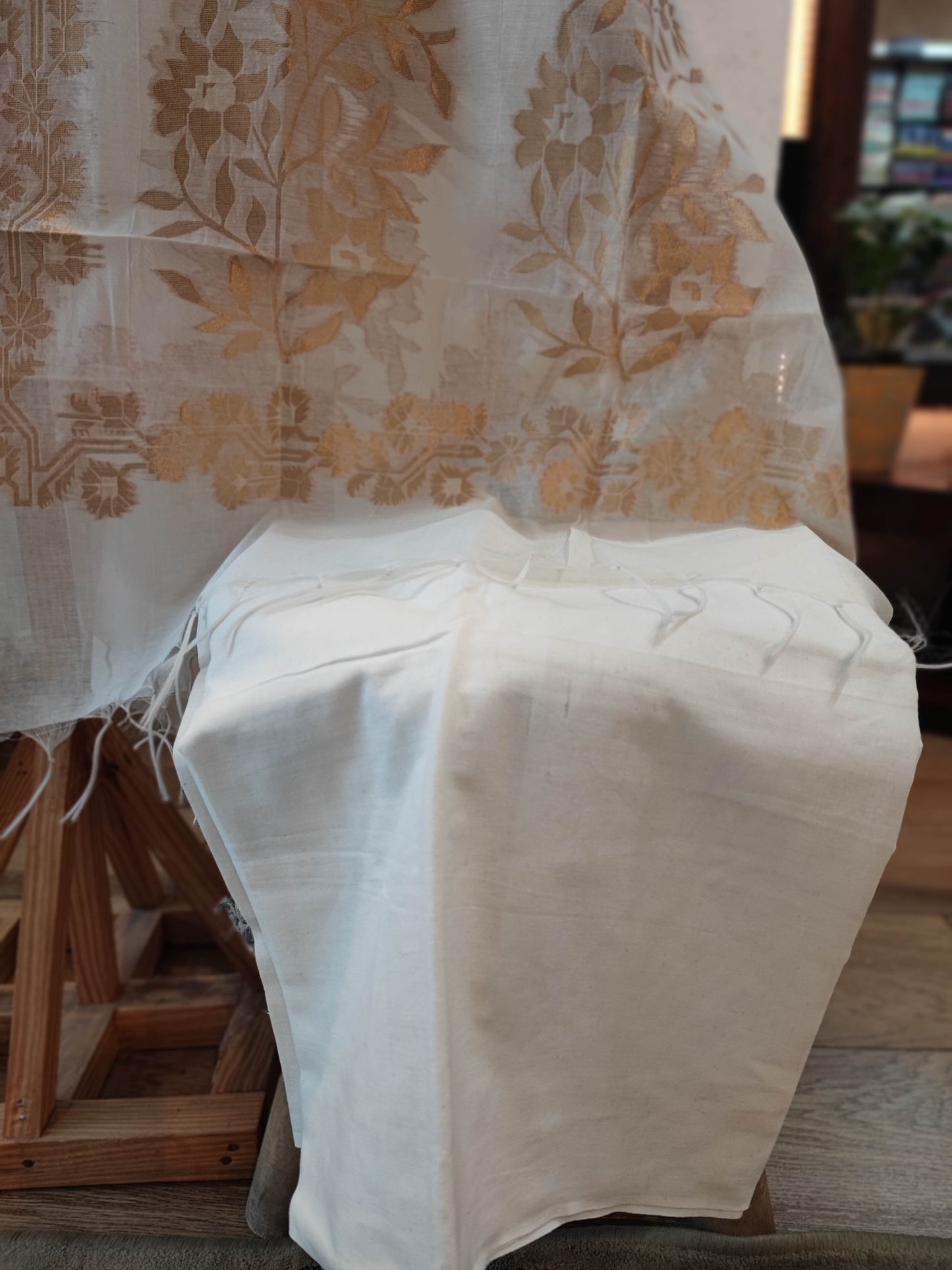 White Handblock Print Pure Chanderi silk  Suit with jamdani Golden Dupatta