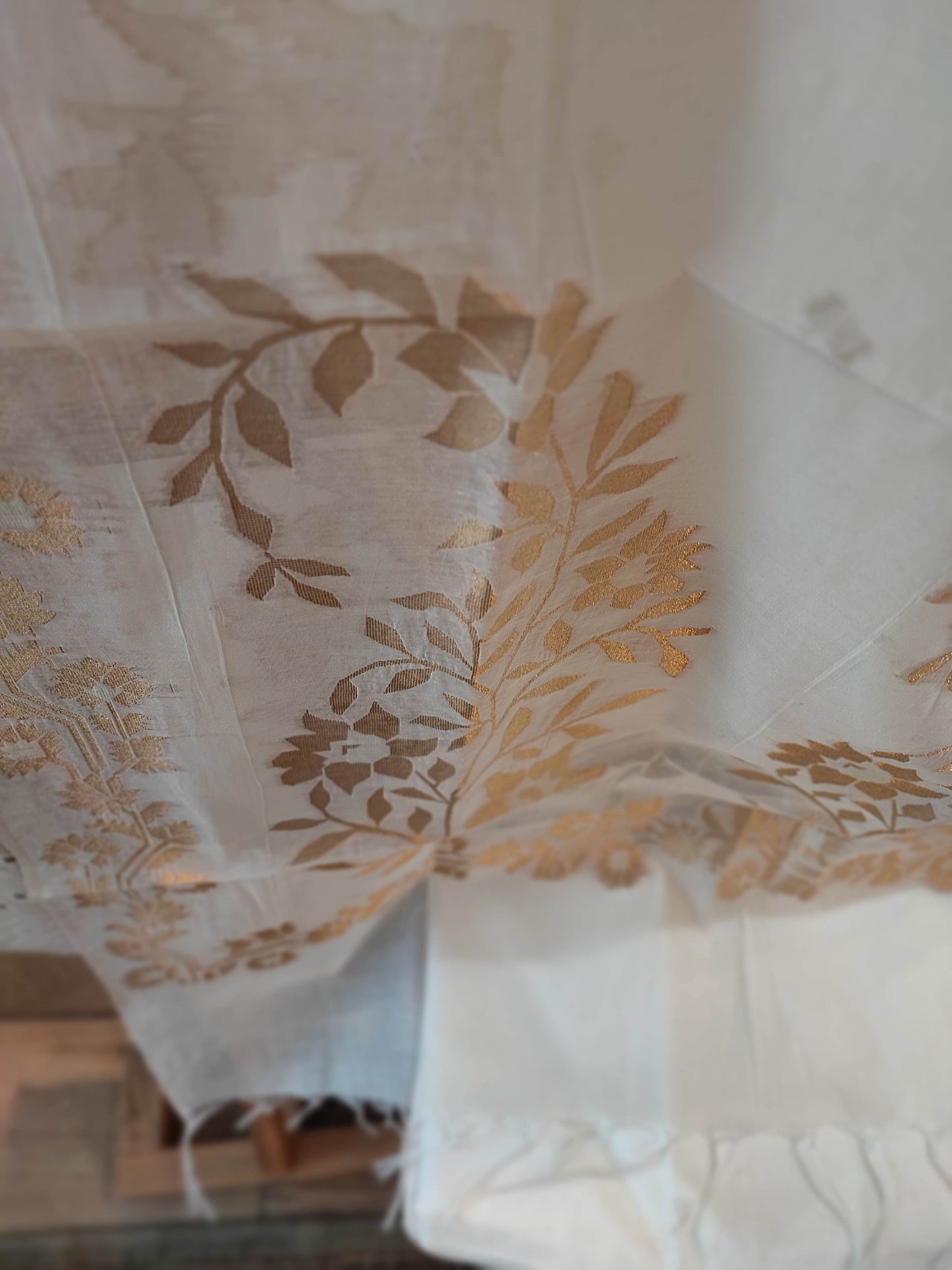 White Handblock Print Pure Chanderi silk  Suit with jamdani Golden Dupatta