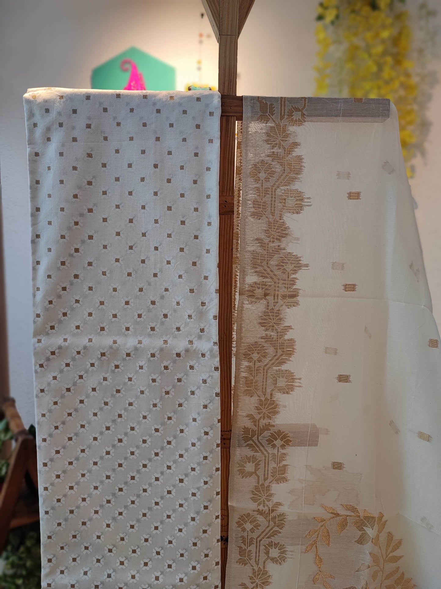 White Handblock Print Pure Chanderi silk  Suit with jamdani Golden Dupatta