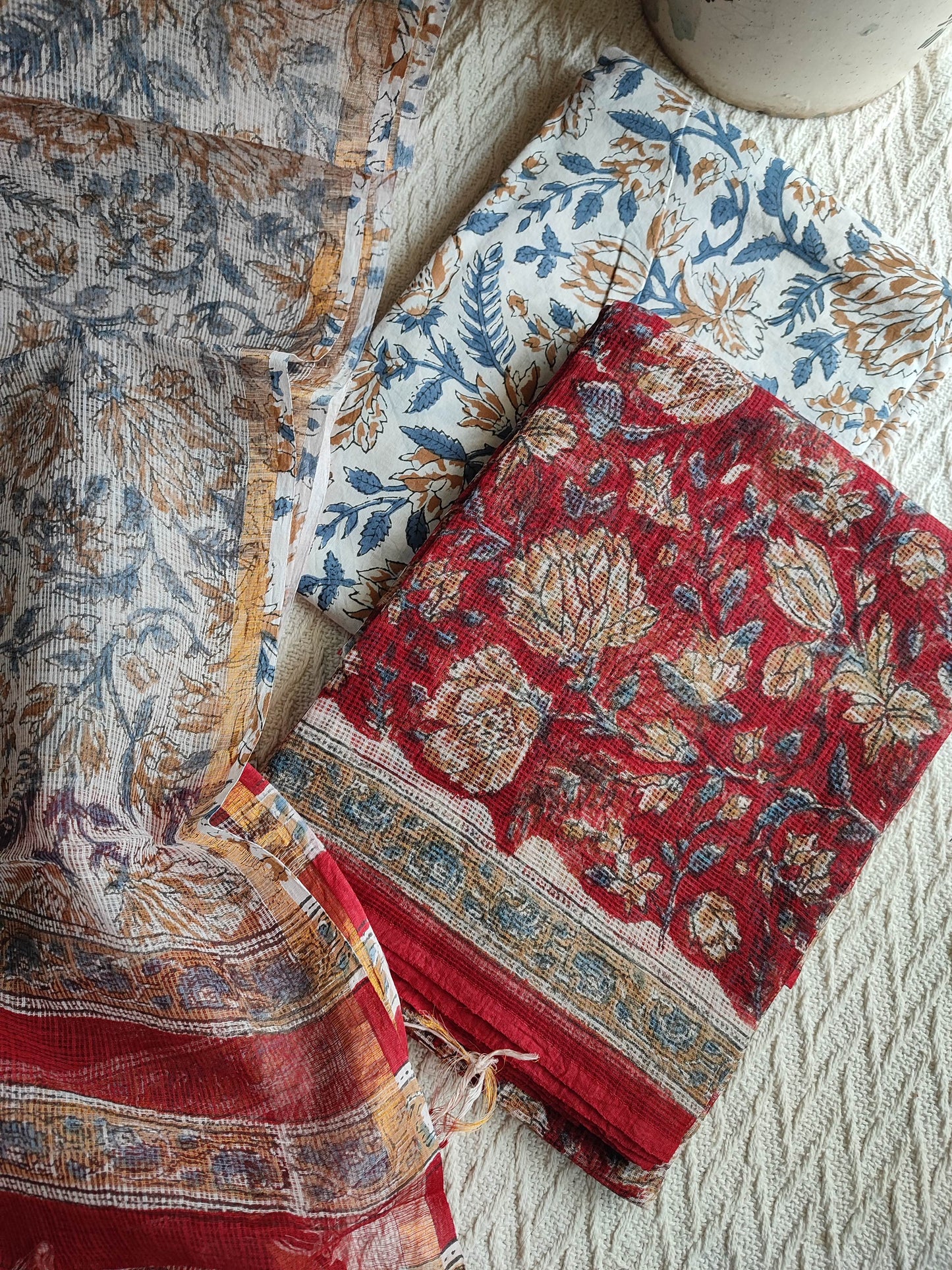 Red and Beige Floral Printed Kota Suit Set with Blue and Brown Leaf Print Dupatta