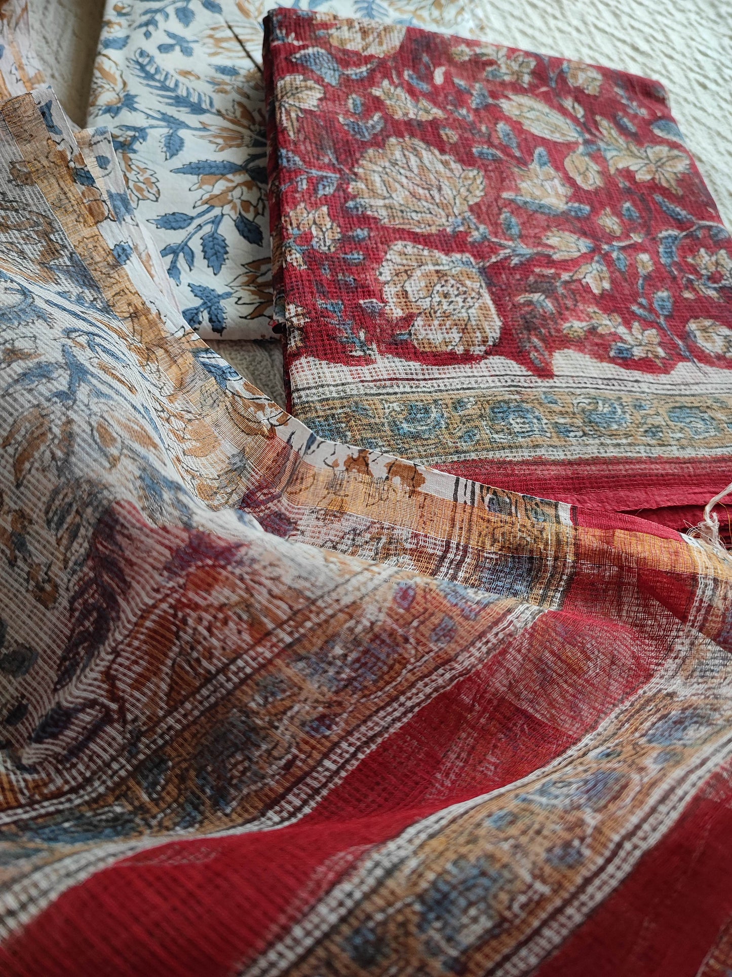Red and Beige Floral Printed Kota Suit Set with Blue and Brown Leaf Print Dupatta